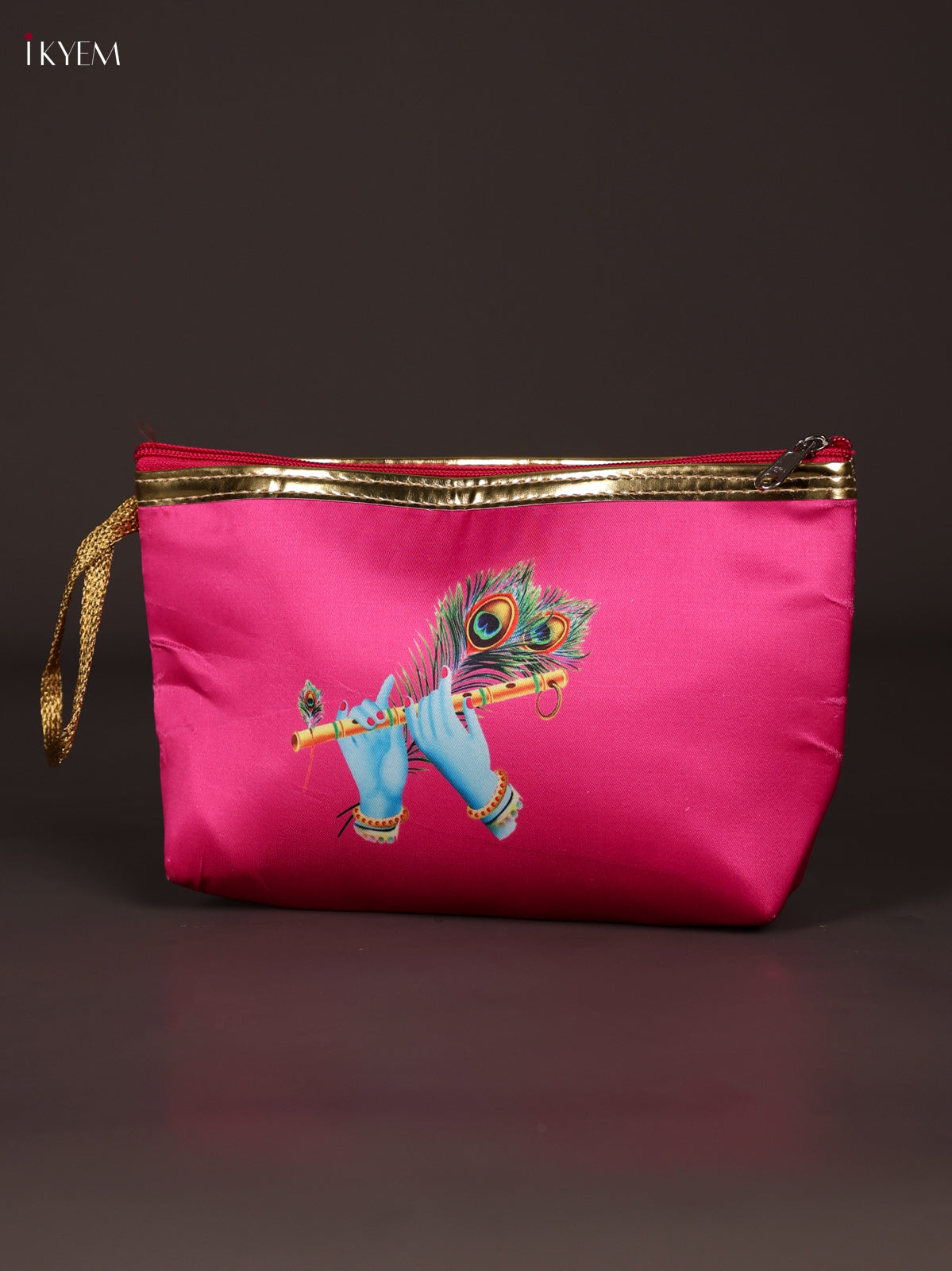 Exquisite Pink Krishna Flute & Peacock Feather Printed Purse With Zipper 2