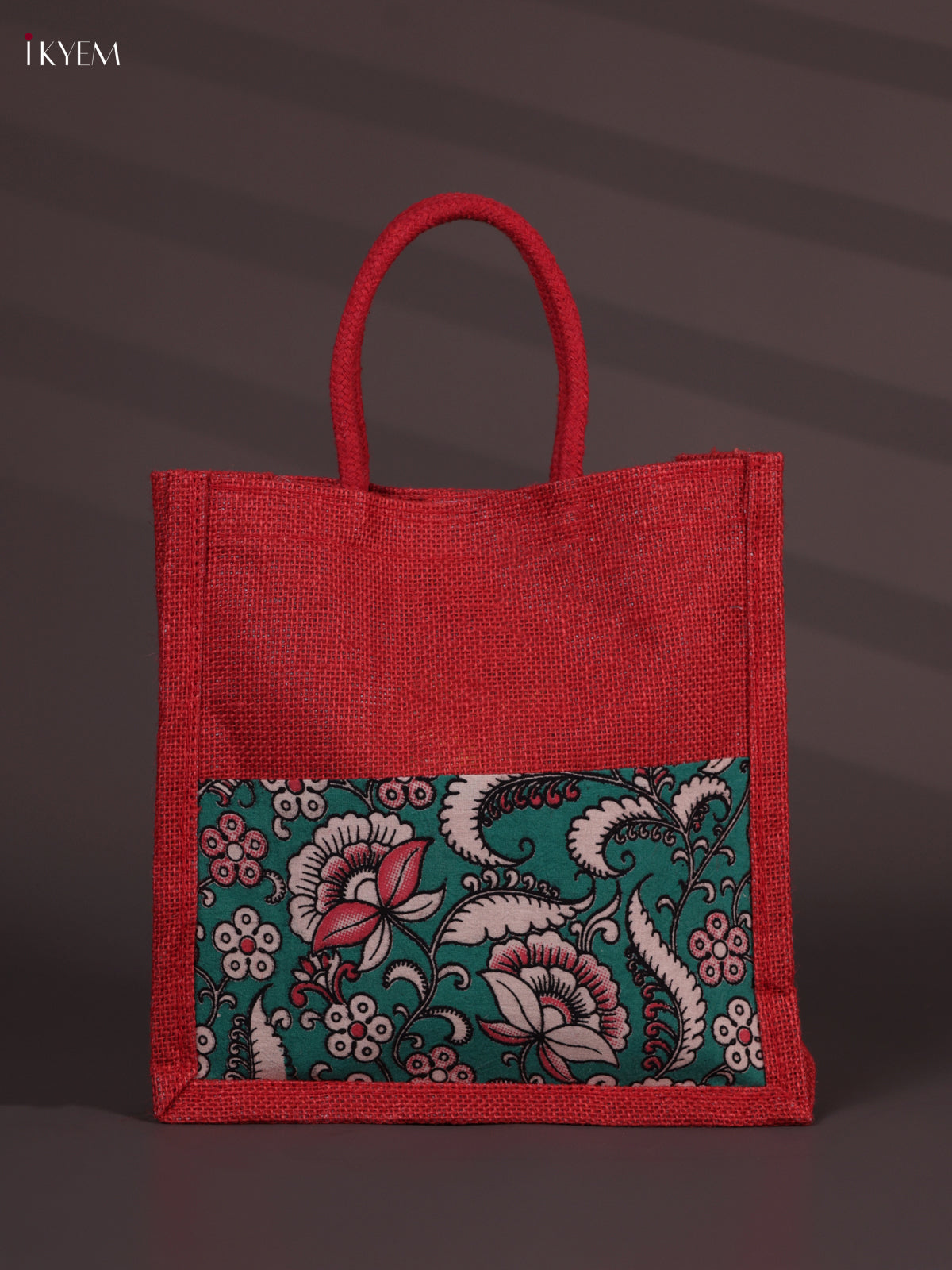 Exquisite Red Half & Half Kalamkari Jute Bag with Rope Handles