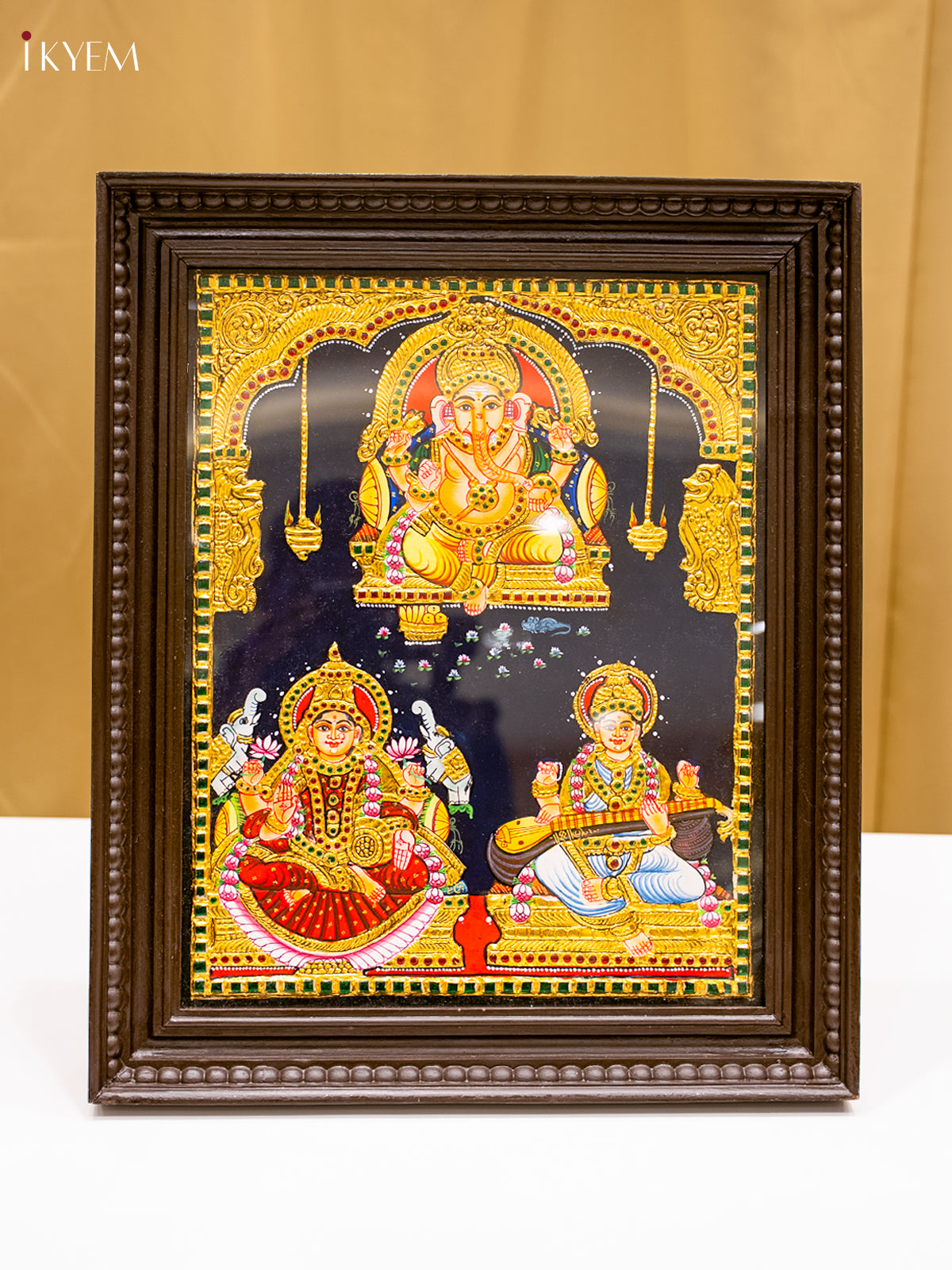 Gorgeous Goddess GajaLakshmi, Sarswathi & Ganesha Tanjore Painting