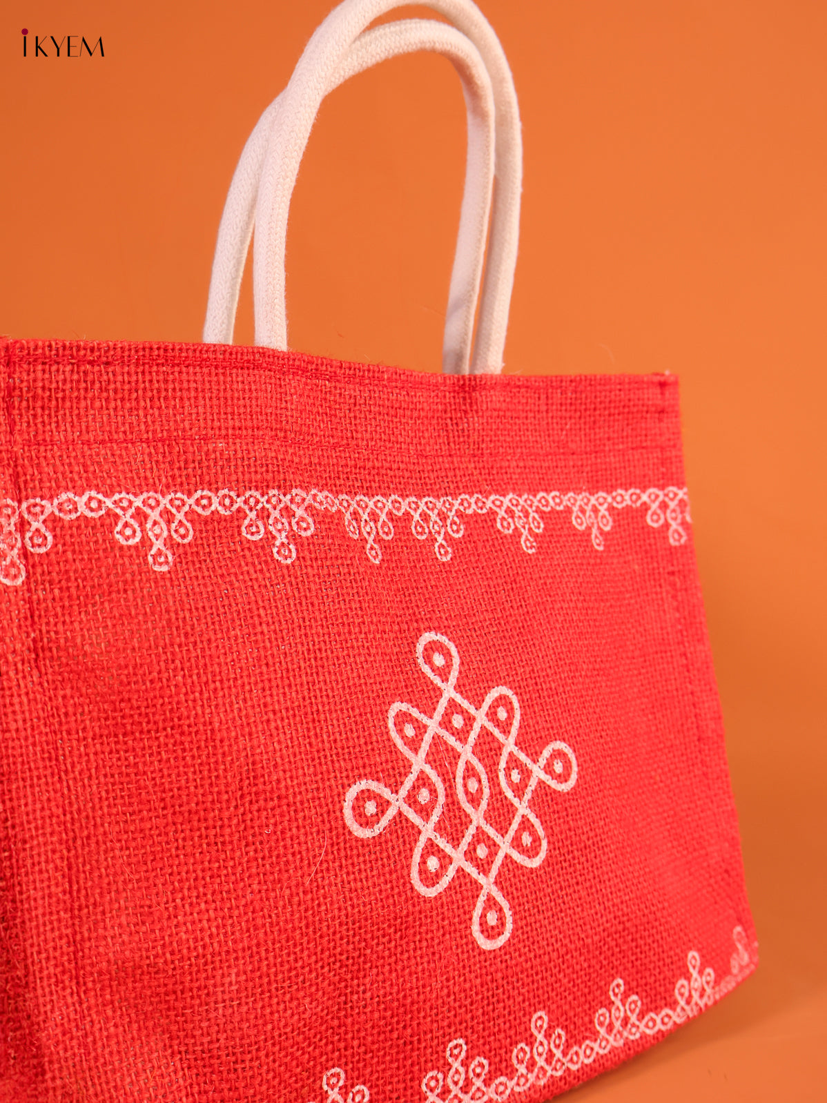 Gorgeous Red Jute Bag With Kolam Print 2