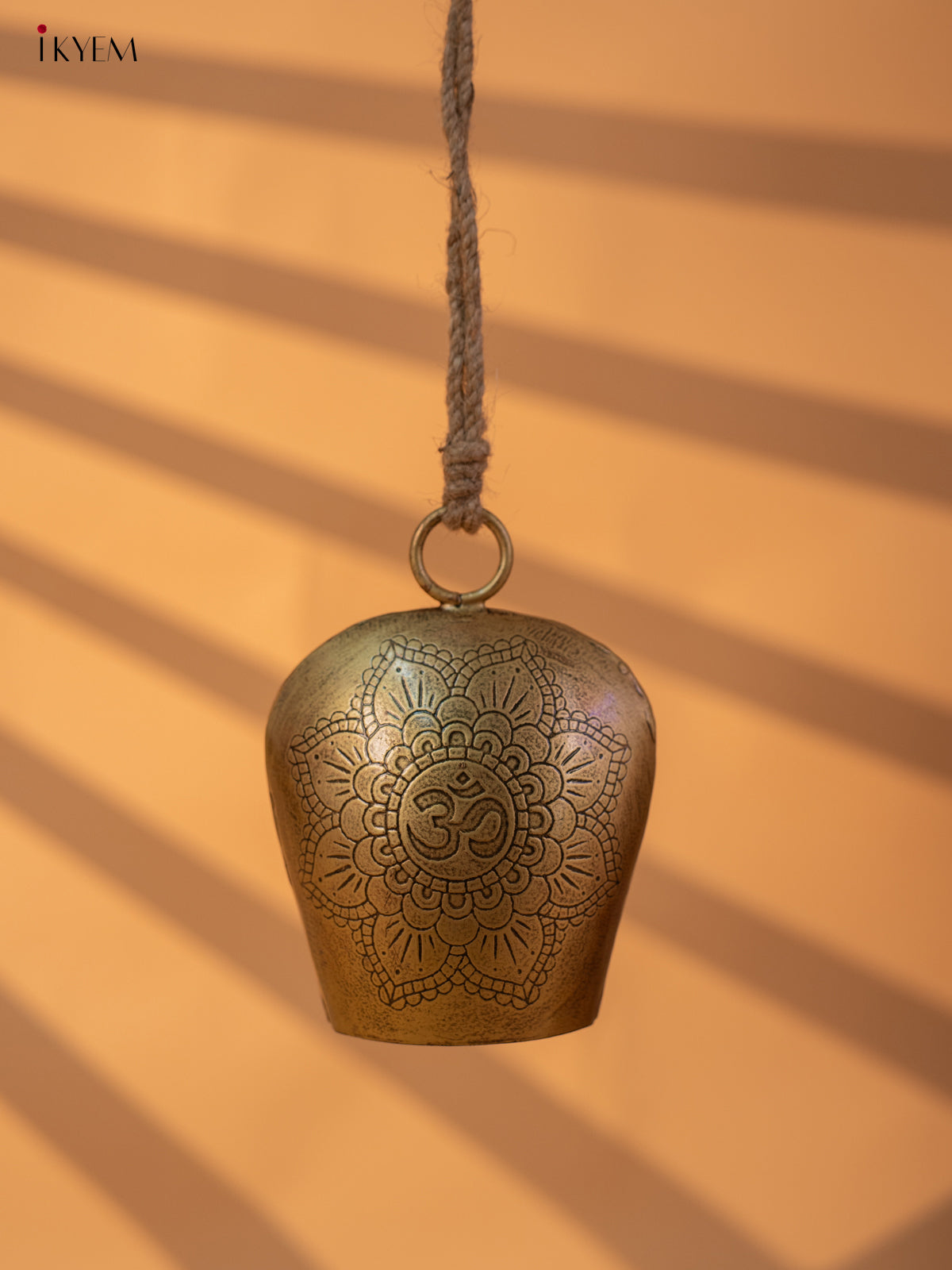 Metal Cow Bell with om Engraving & Rope Handle - Small - KA21115