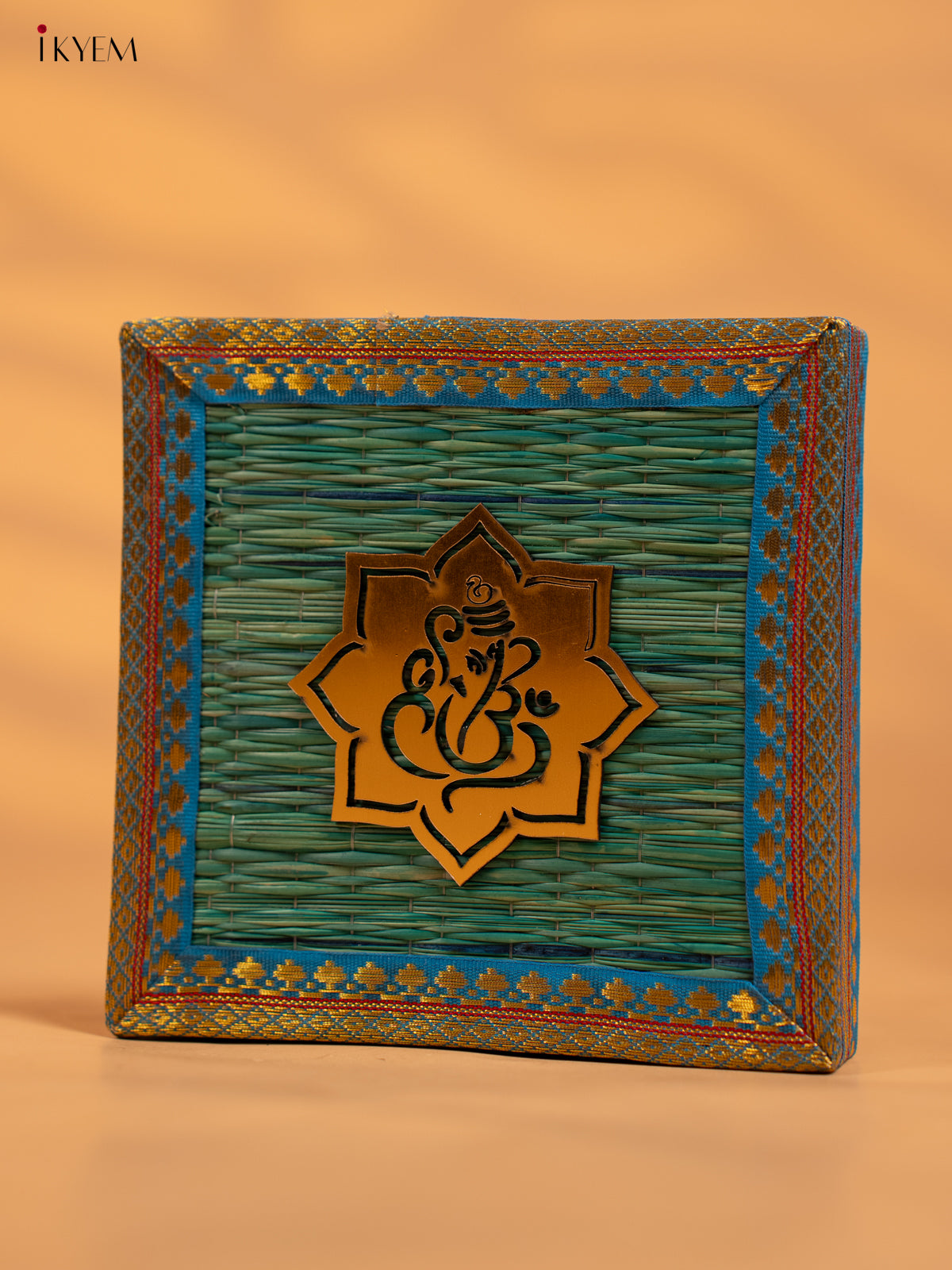 Korai Gift Box with Net Potli with Ganesha Motif -7 Inch- Blue - KB17143