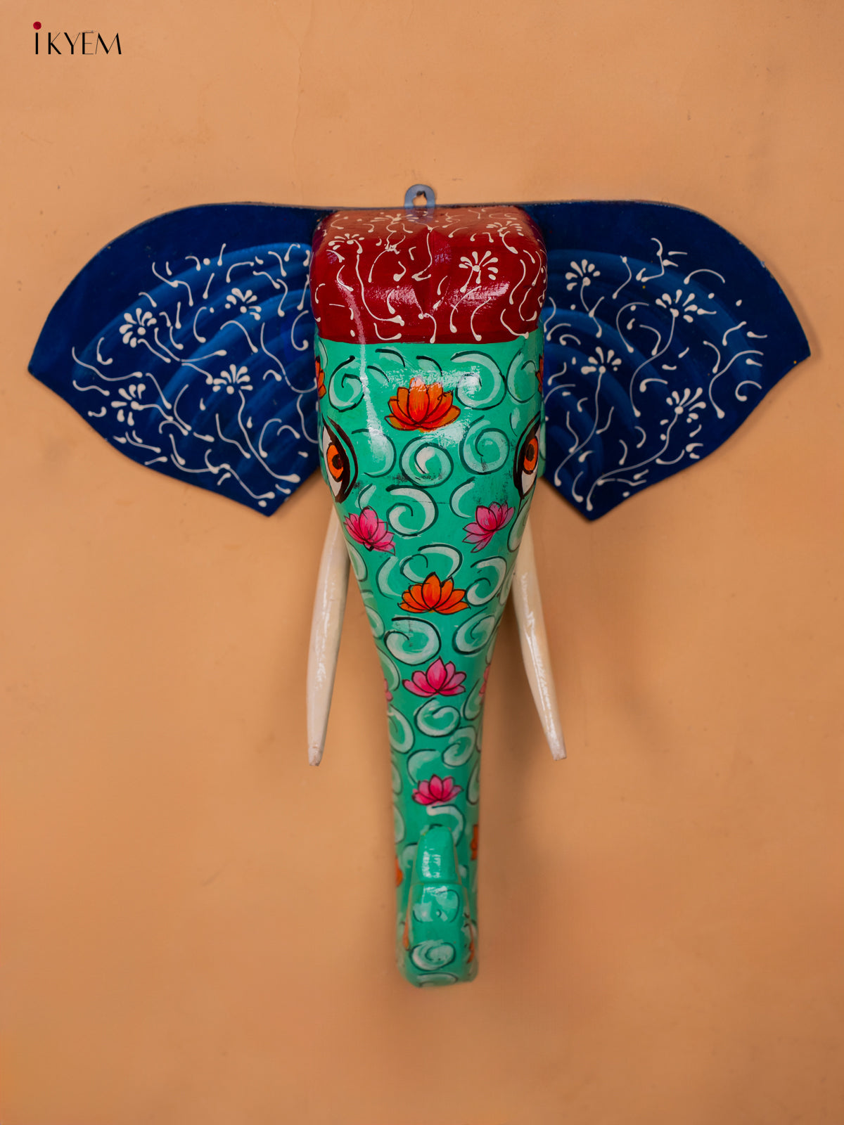 wooden hand painted elephant head with trunk green- 15 Inch - KC13125