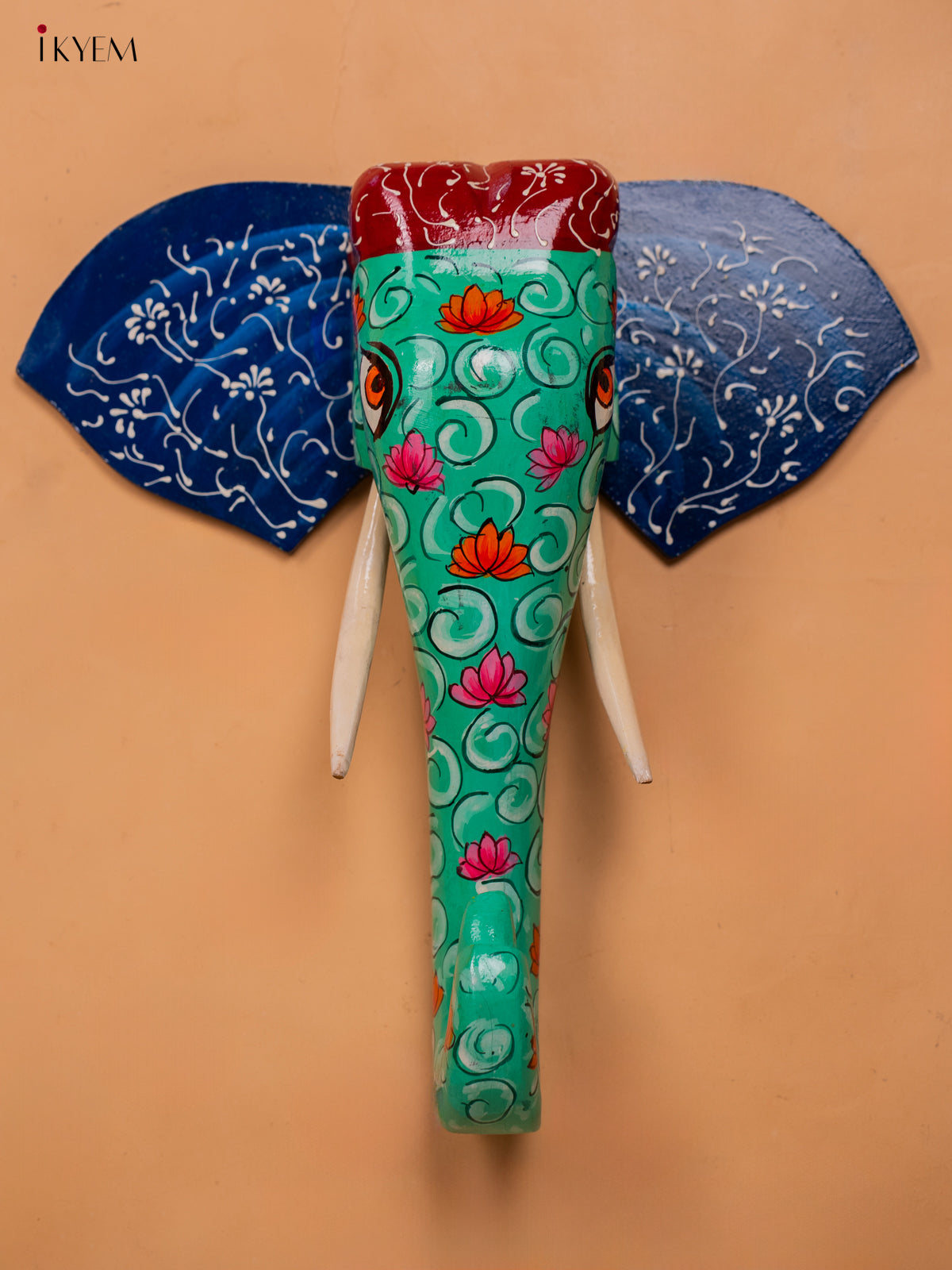 wooden hand painted elephant head with trunk green- 15 Inch - KC13125