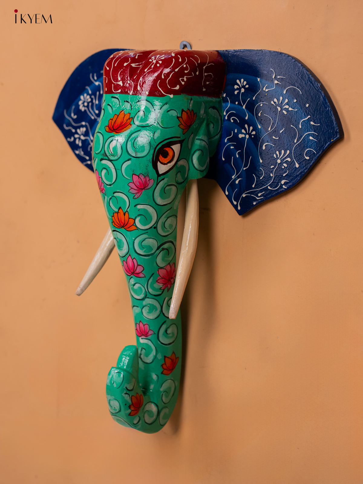 wooden hand painted elephant head with trunk green- 15 Inch - KC13125