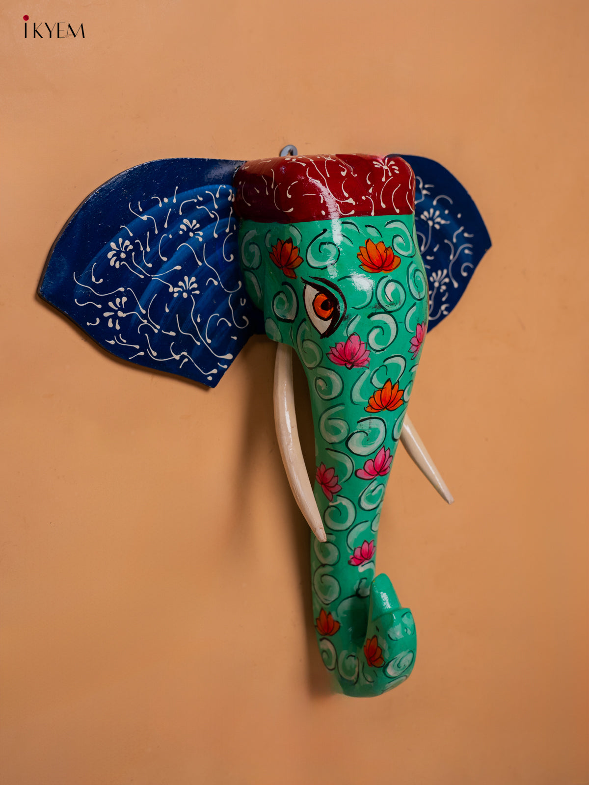 wooden hand painted elephant head with trunk green- 15 Inch - KC13125