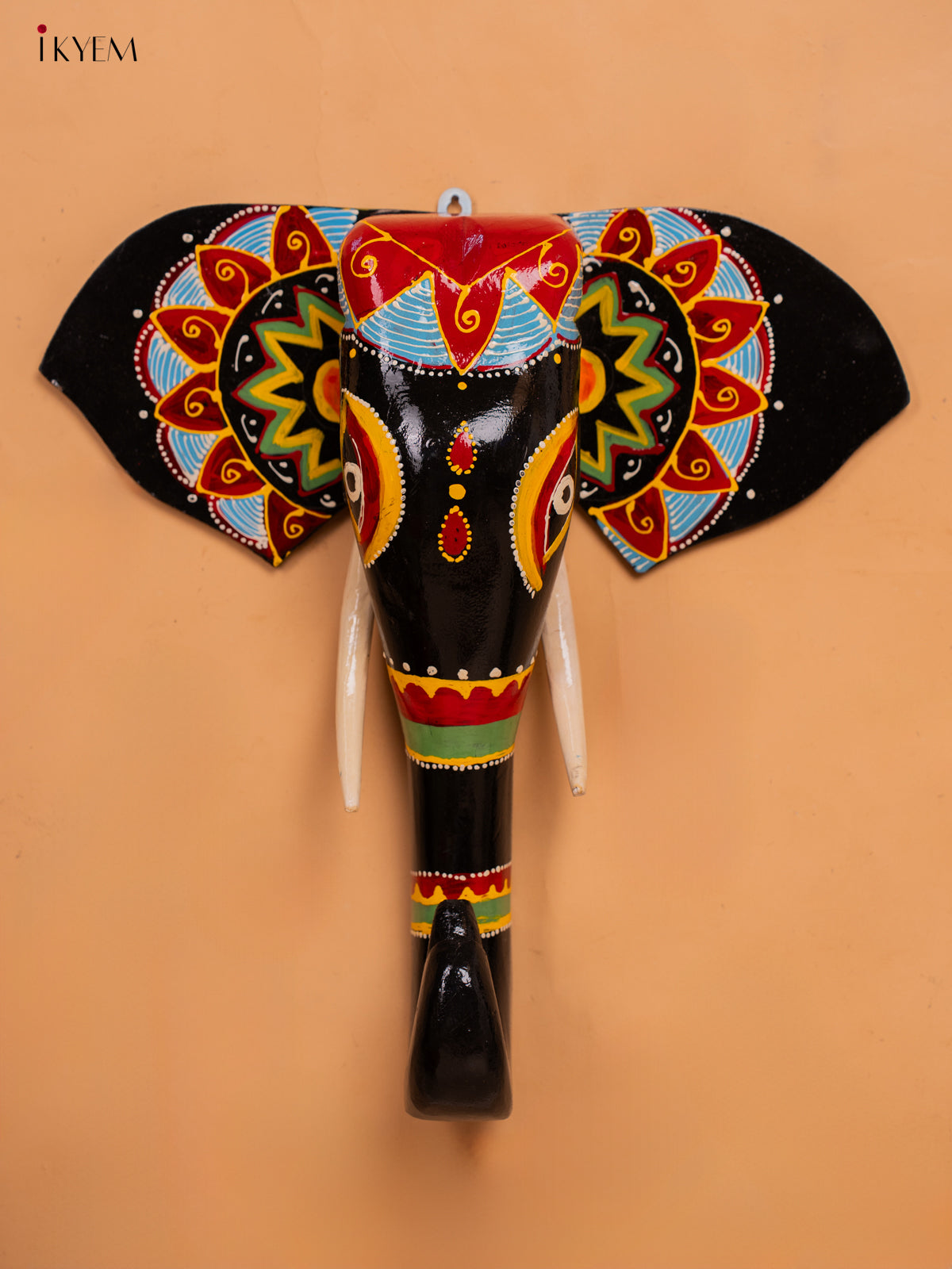 wodden hand painted elephant head with trunk black with red- 15 Inch -KC13126
