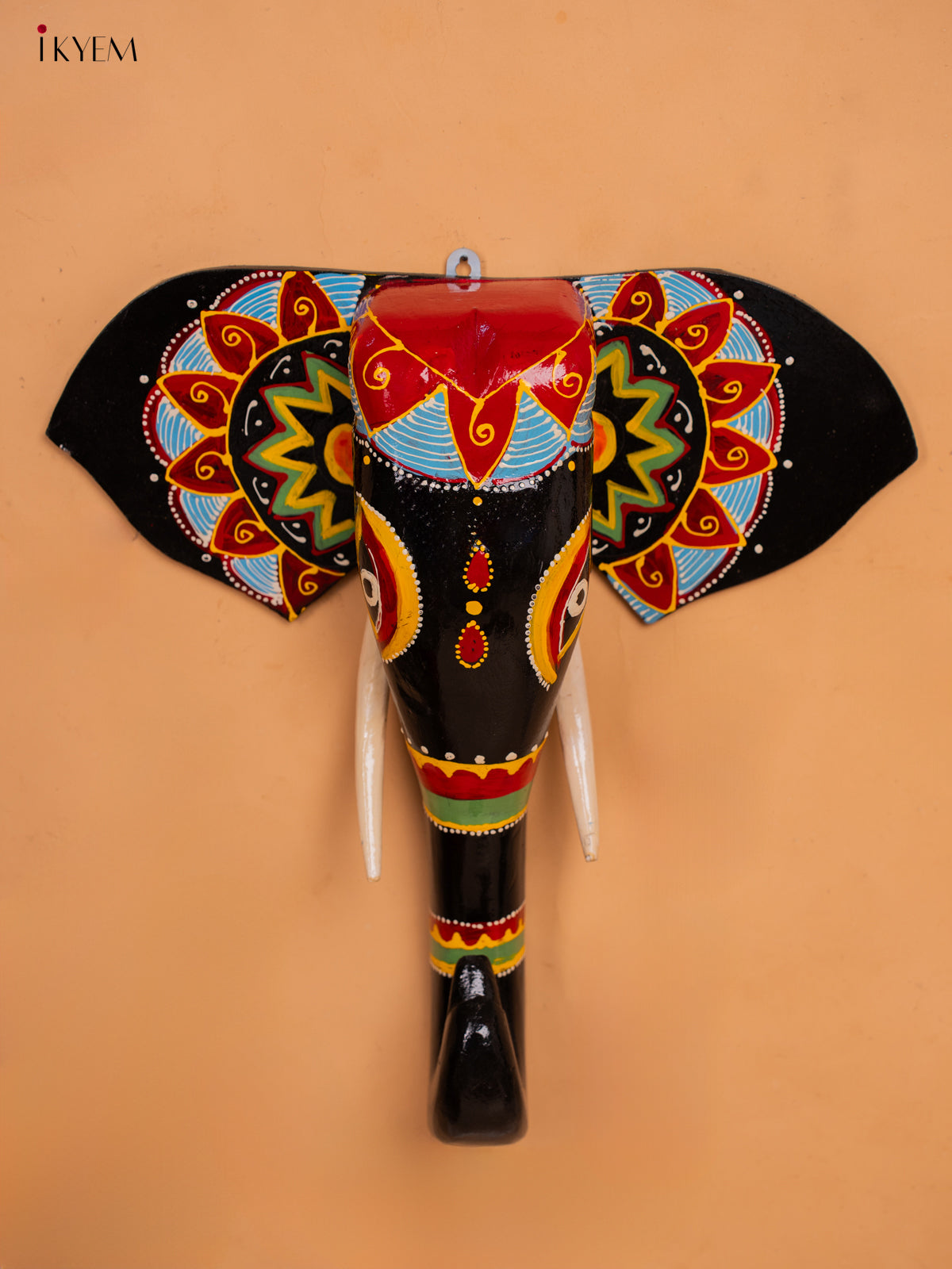 wodden hand painted elephant head with trunk black with red- 15 Inch -KC13126