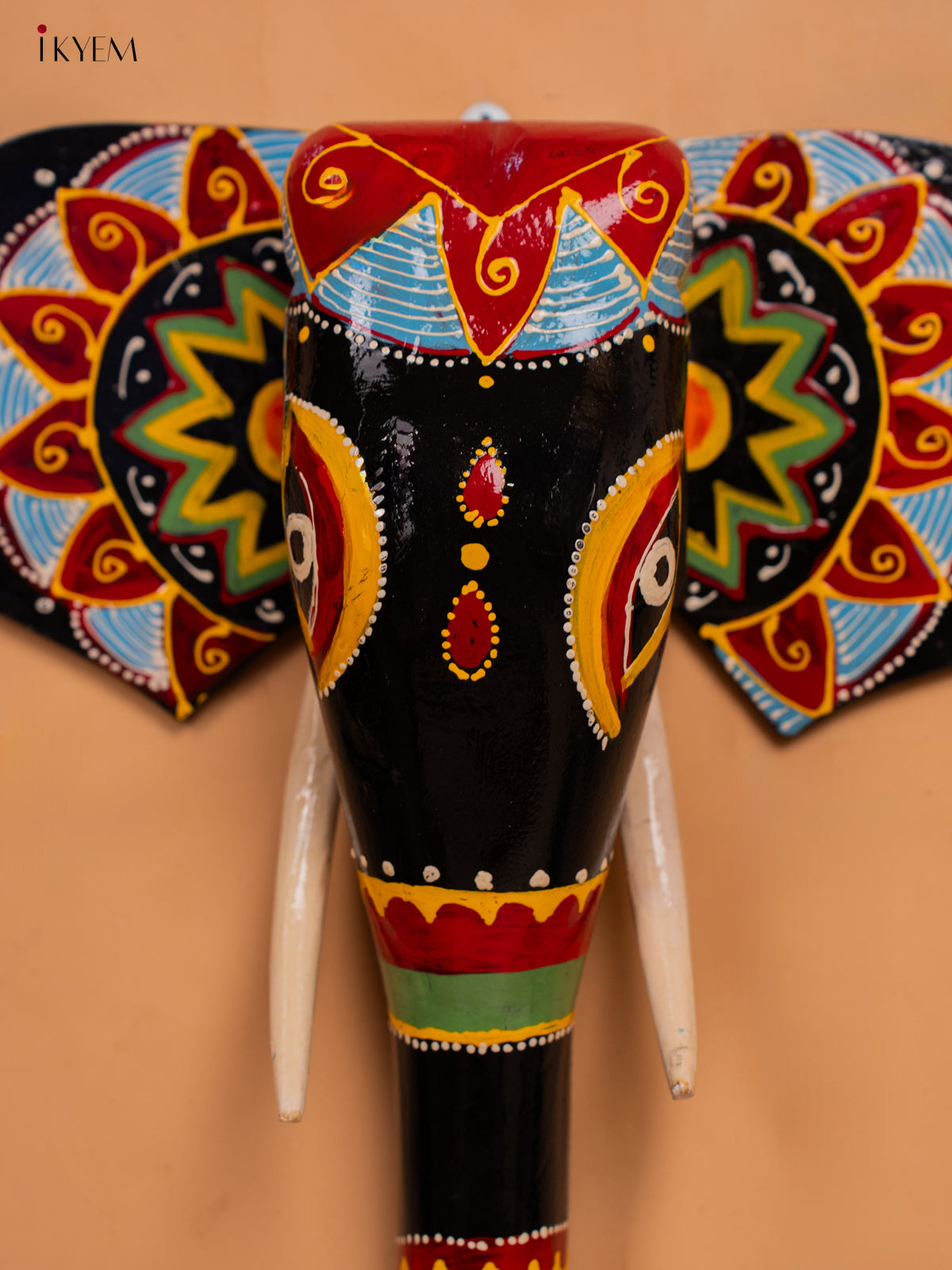 wodden hand painted elephant head with trunk black with red- 15 Inch -KC13126