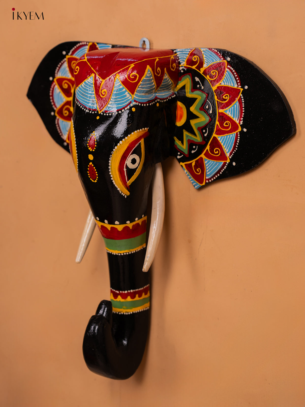 wodden hand painted elephant head with trunk black with red- 15 Inch -KC13126