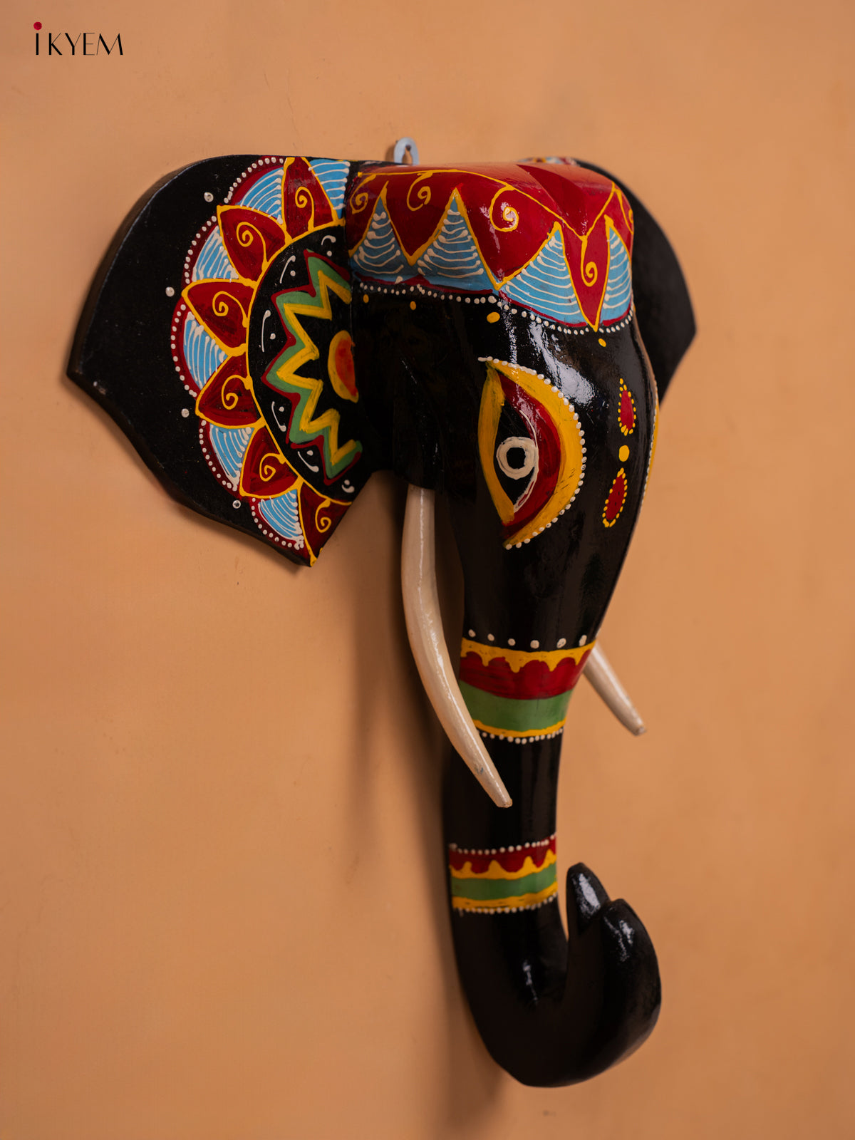 wodden hand painted elephant head with trunk black with red- 15 Inch -KC13126