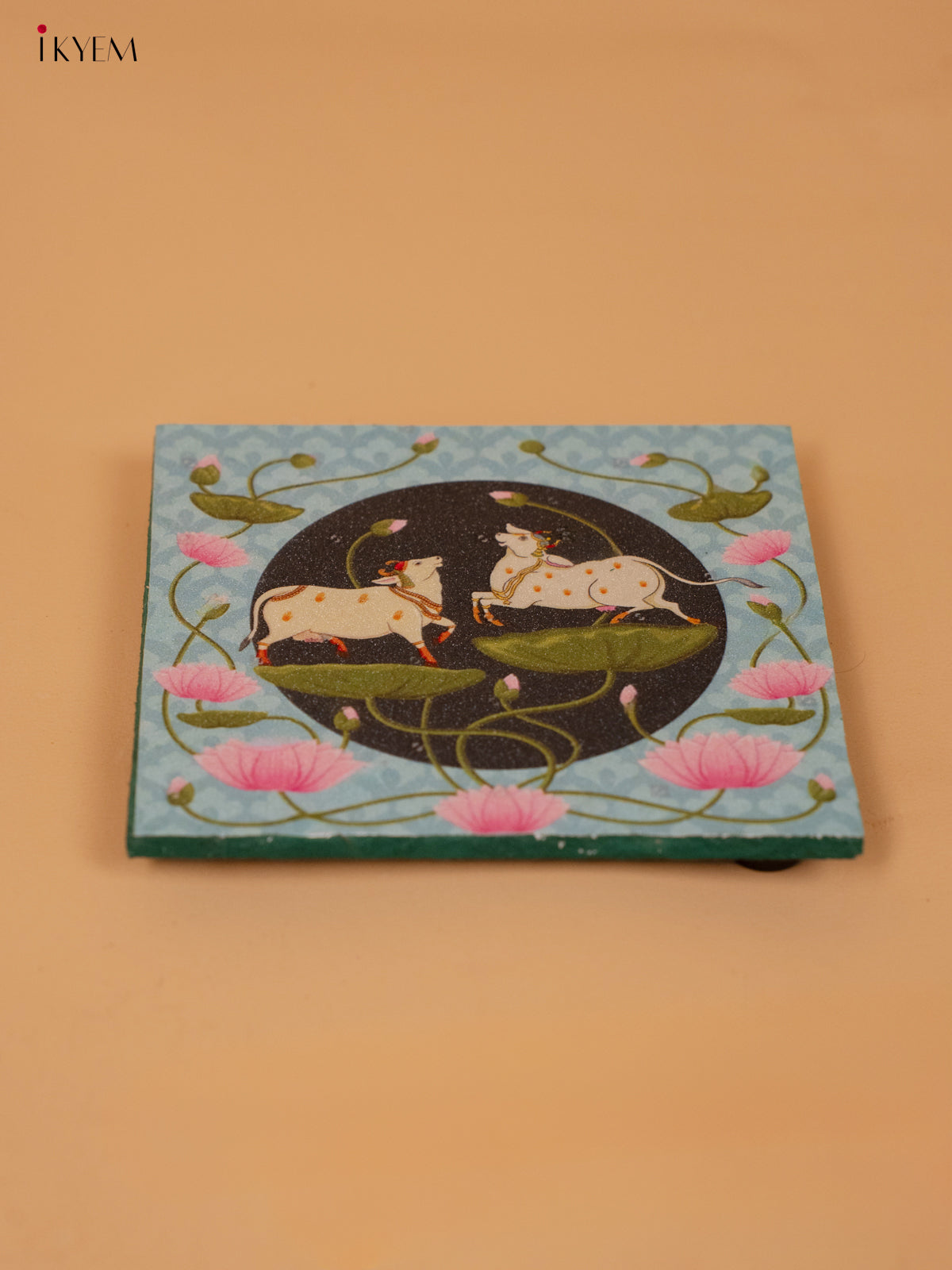 Handcrafted Pichwai Cow Green Wooden Manai -1