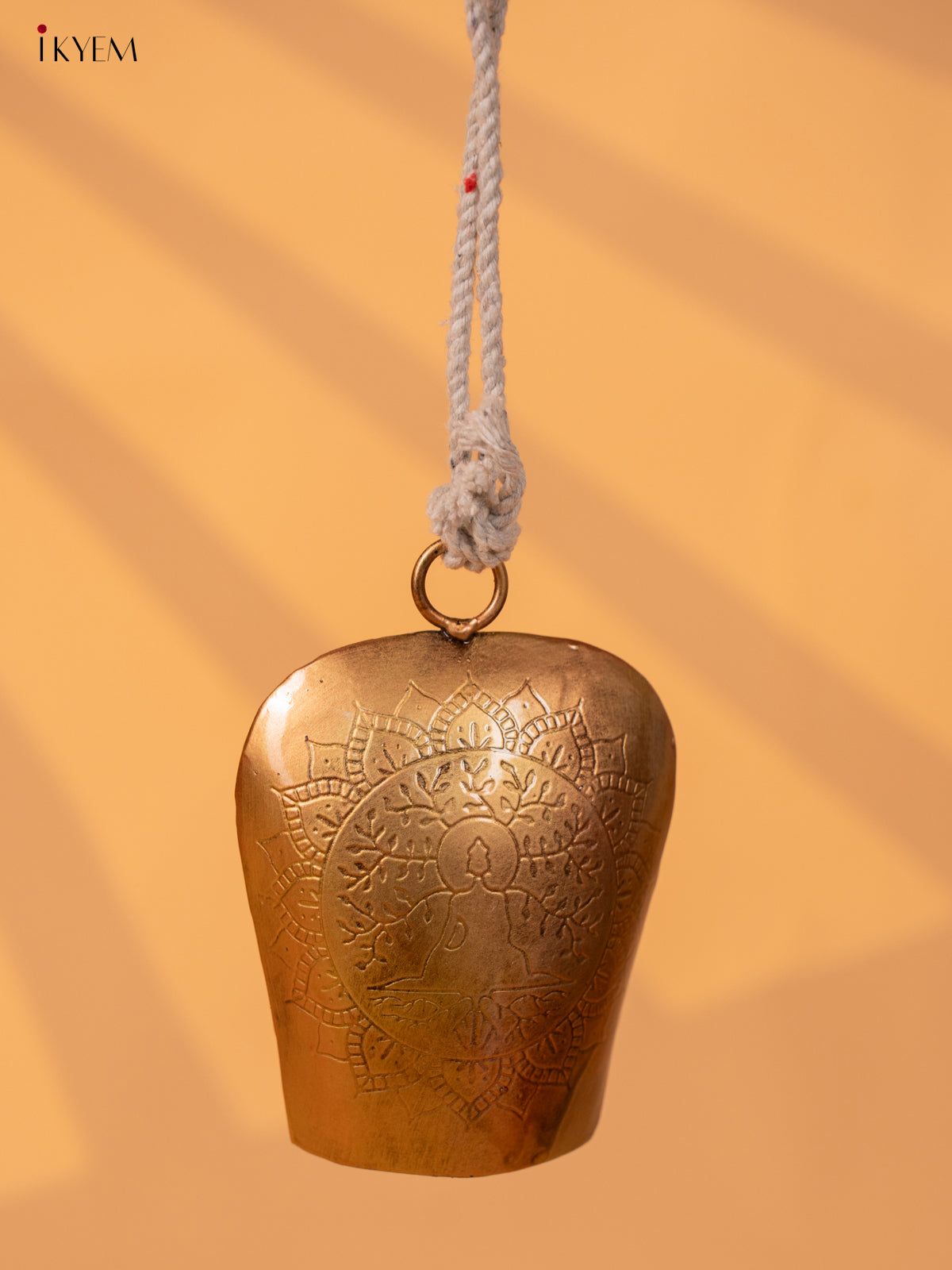 Metal Cow Bell with Buddha Engraving & Rope Handle - Copper - KD01113