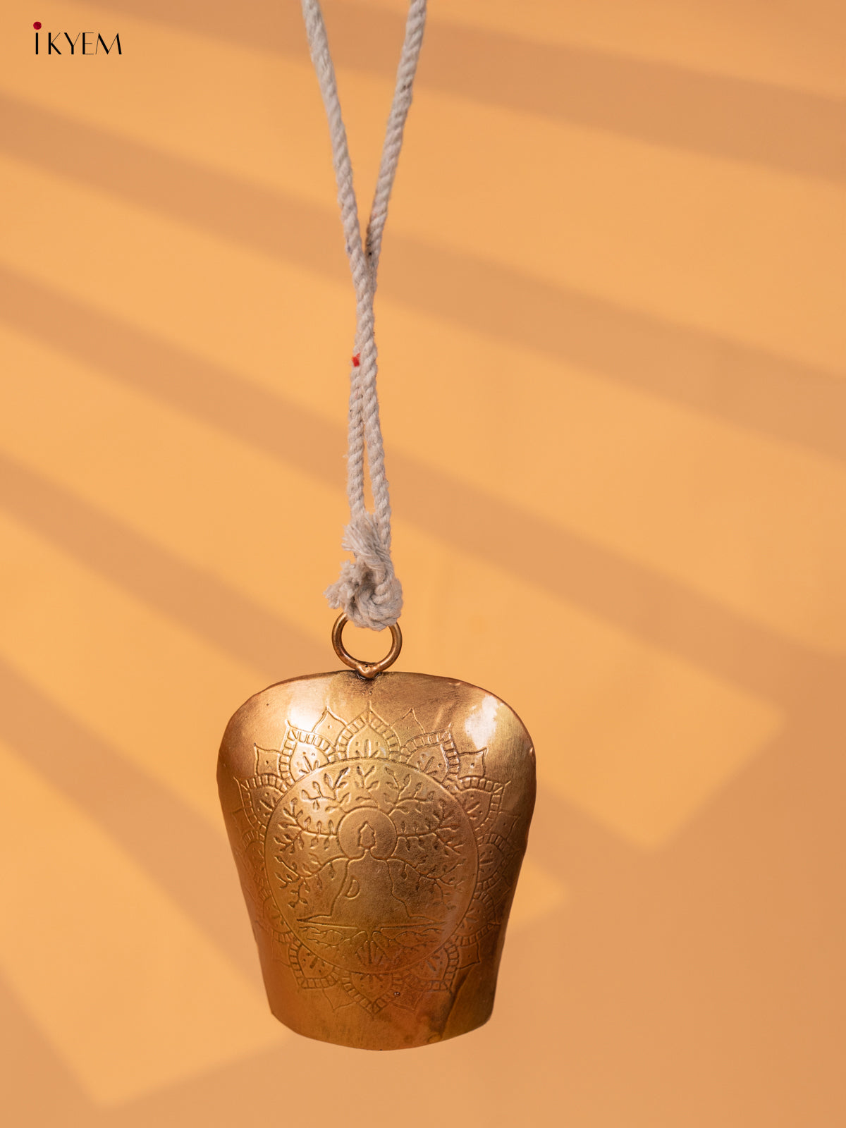 Metal Cow Bell with Buddha Engraving & Rope Handle - Copper - KD01113