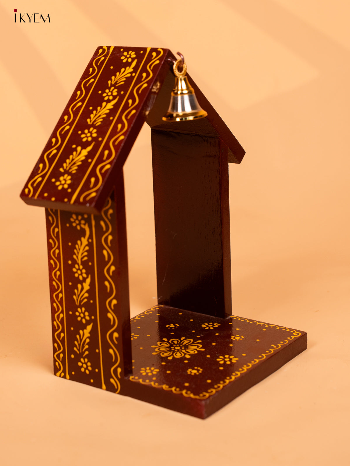 Wooden Hand Painted Vilakku Maadam with Bell - 11 Inch - Maroon - KD01130