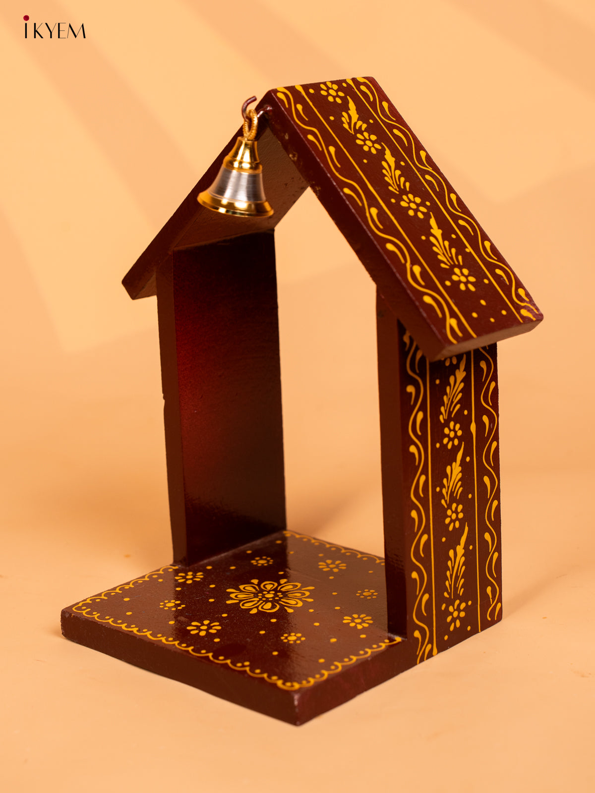 Wooden Hand Painted Vilakku Maadam with Bell - 11 Inch - Maroon - KD01130