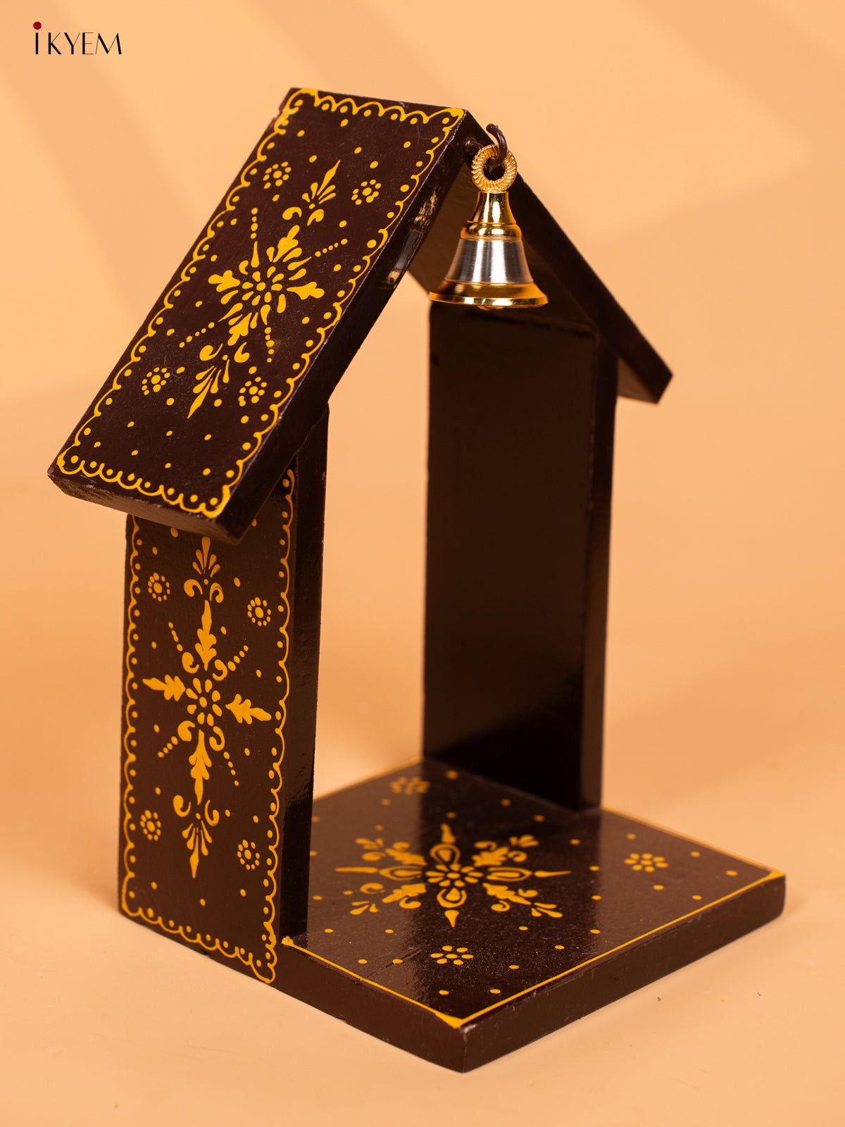 Wooden Hand Painted Vilakku Maadam with Bell - 8 Inch - Brown - KD01131