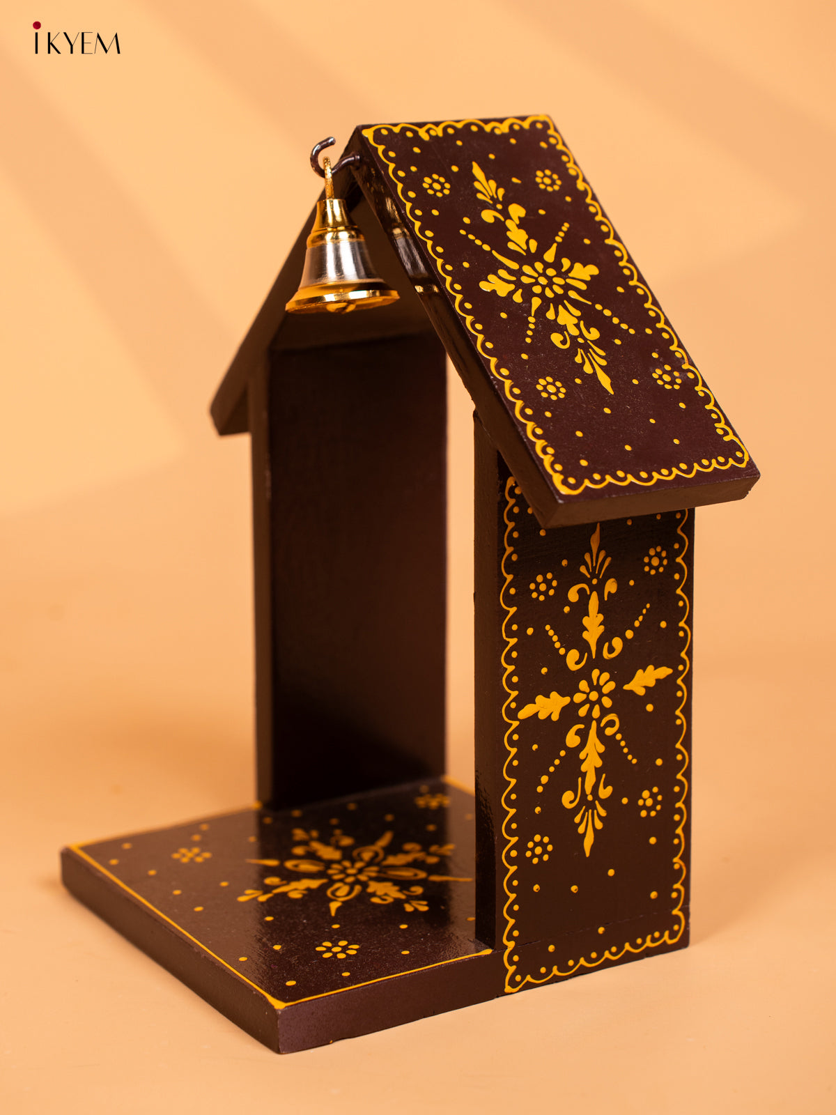 Wooden Hand Painted Vilakku Maadam with Bell - 8 Inch - Brown - KD01131