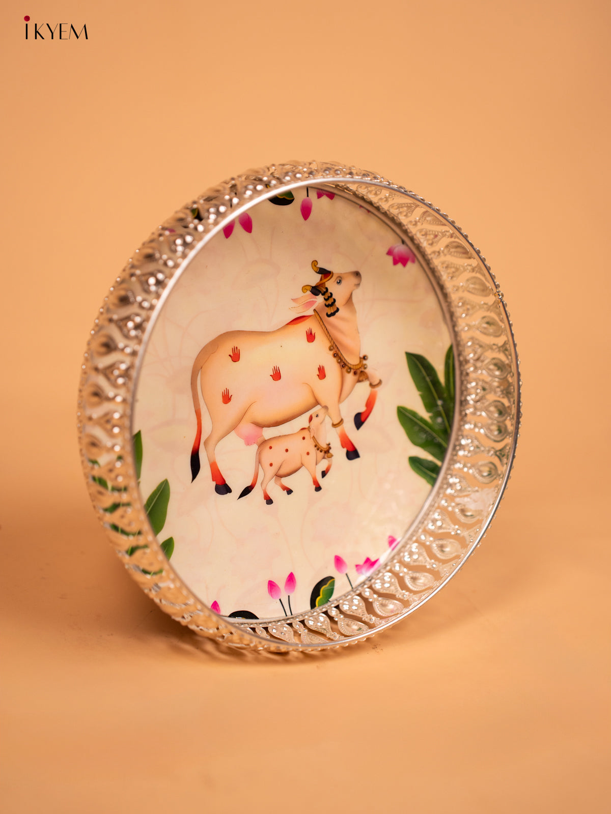 Metal Digital Pichwai tray Cow and Calf - White - 8 Inch - KD12111
