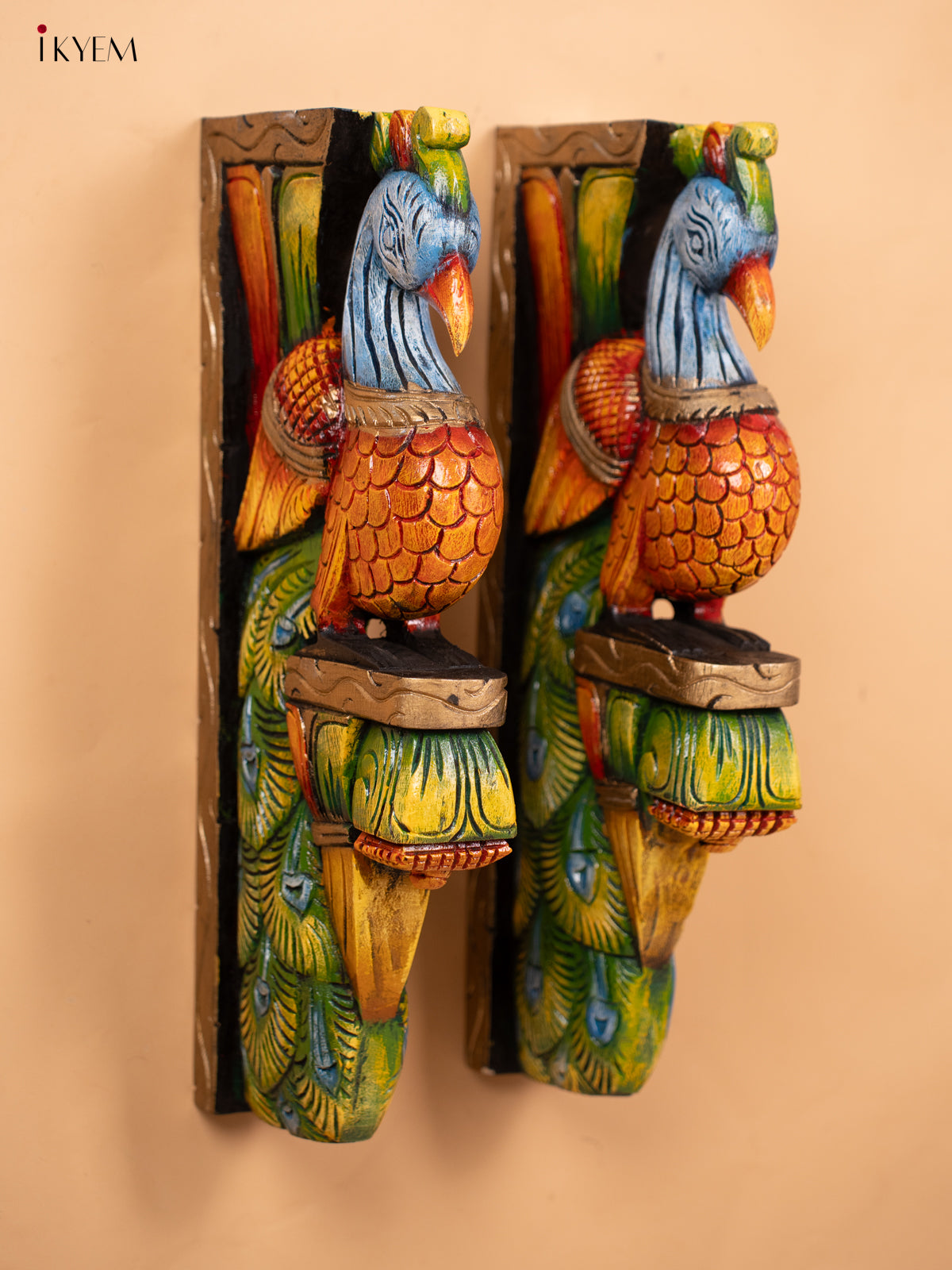Wooden Hand Carved Painted Wall Bracket - Set of 2 -Peacock - KD18111