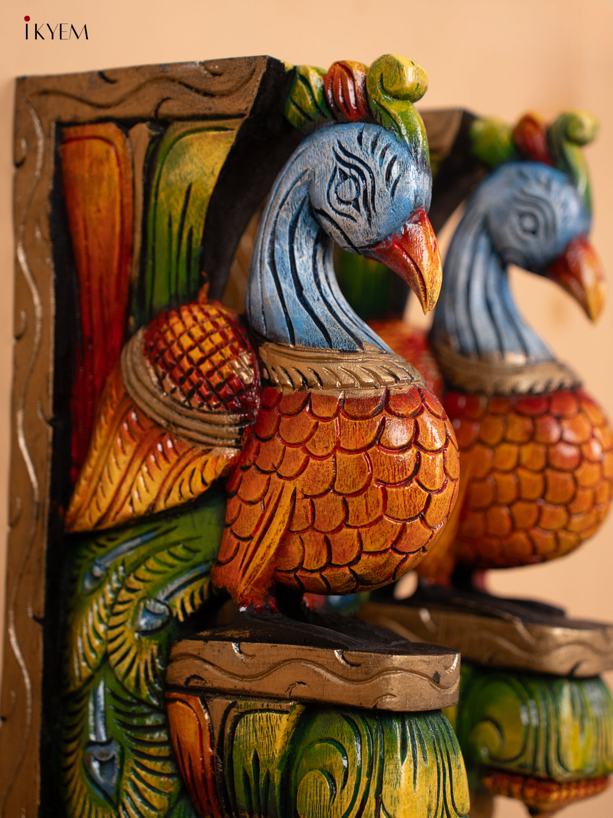 Wooden Hand Carved Painted Wall Bracket - Set of 2 -Peacock - KD18111