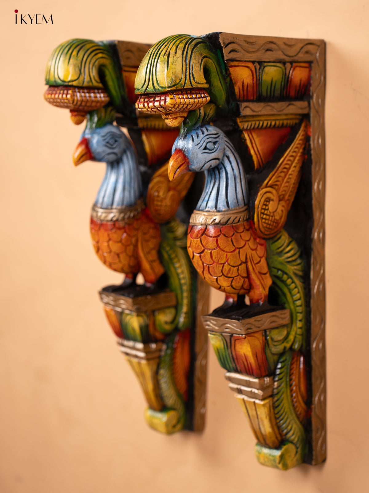 Wooden Hand Carved Painted Wall Bracket - Set of 2 Parrot - KD18113