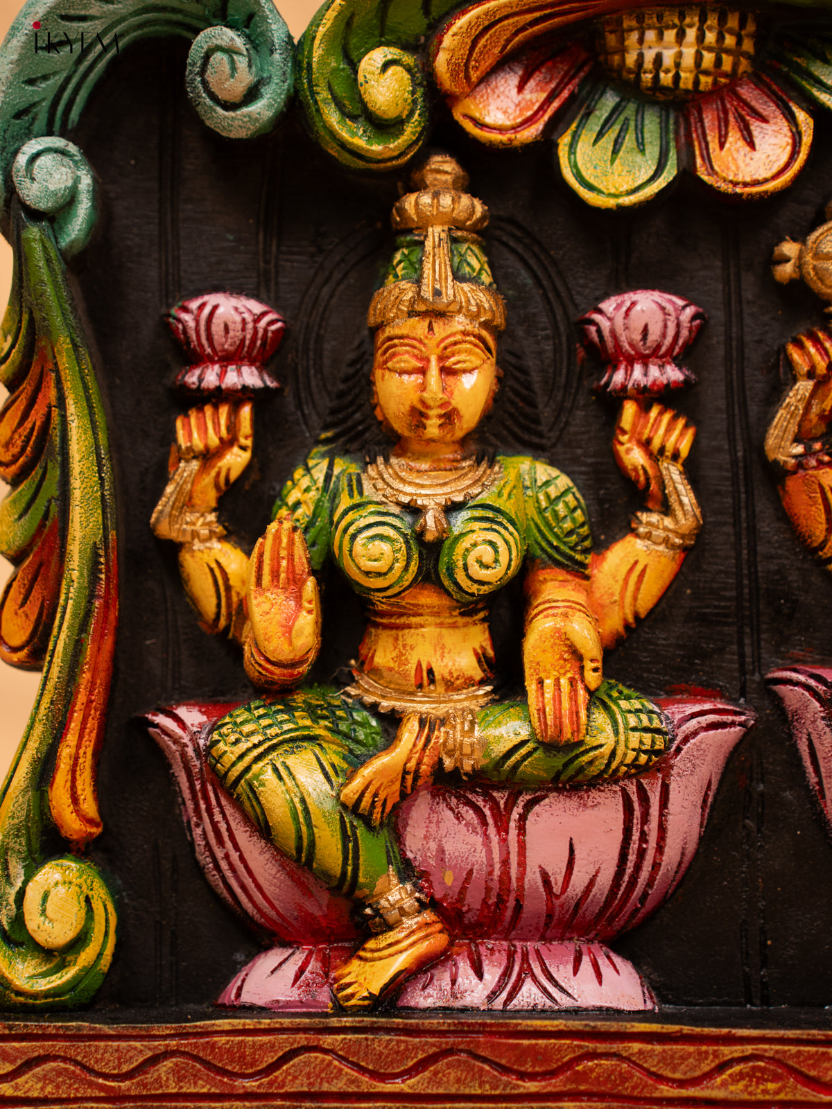 Wooden Hand Carved Painted Ganesha, Lakshmi, Saraswathy Panel - KD18122