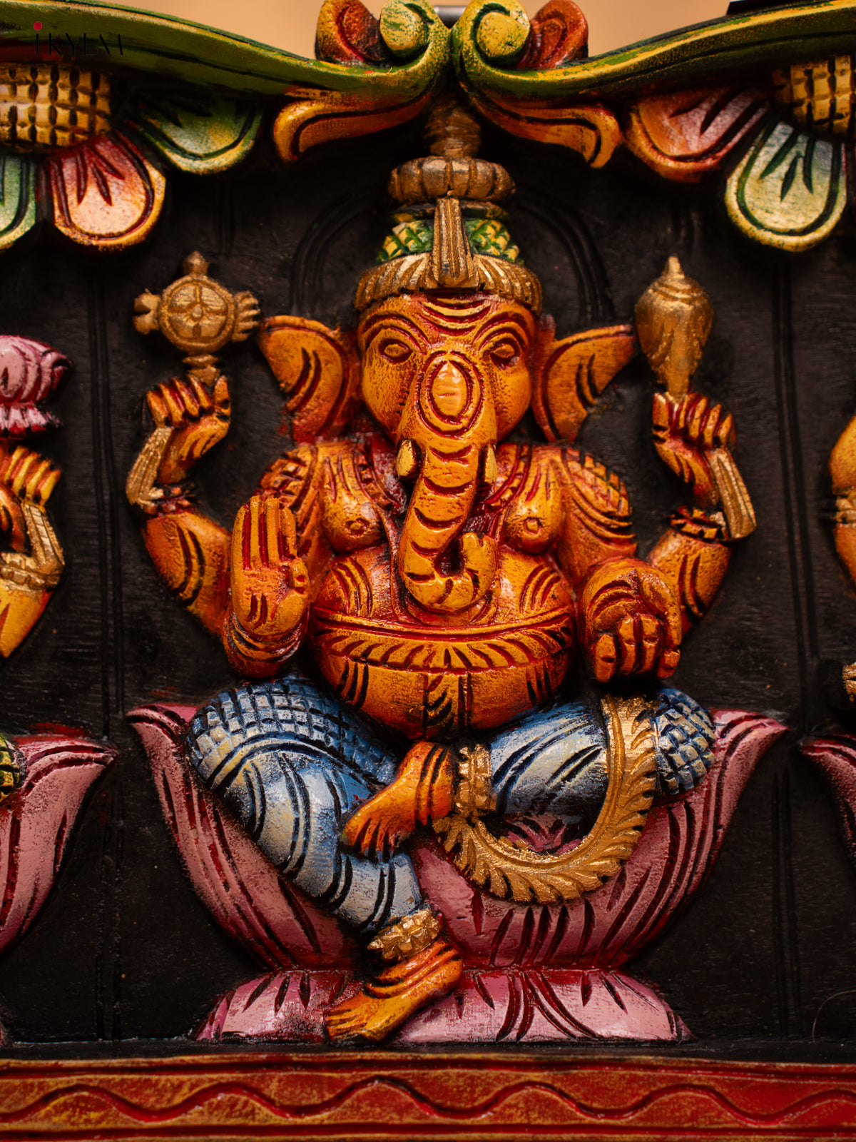 Wooden Hand Carved Painted Ganesha, Lakshmi, Saraswathy Panel - KD18122