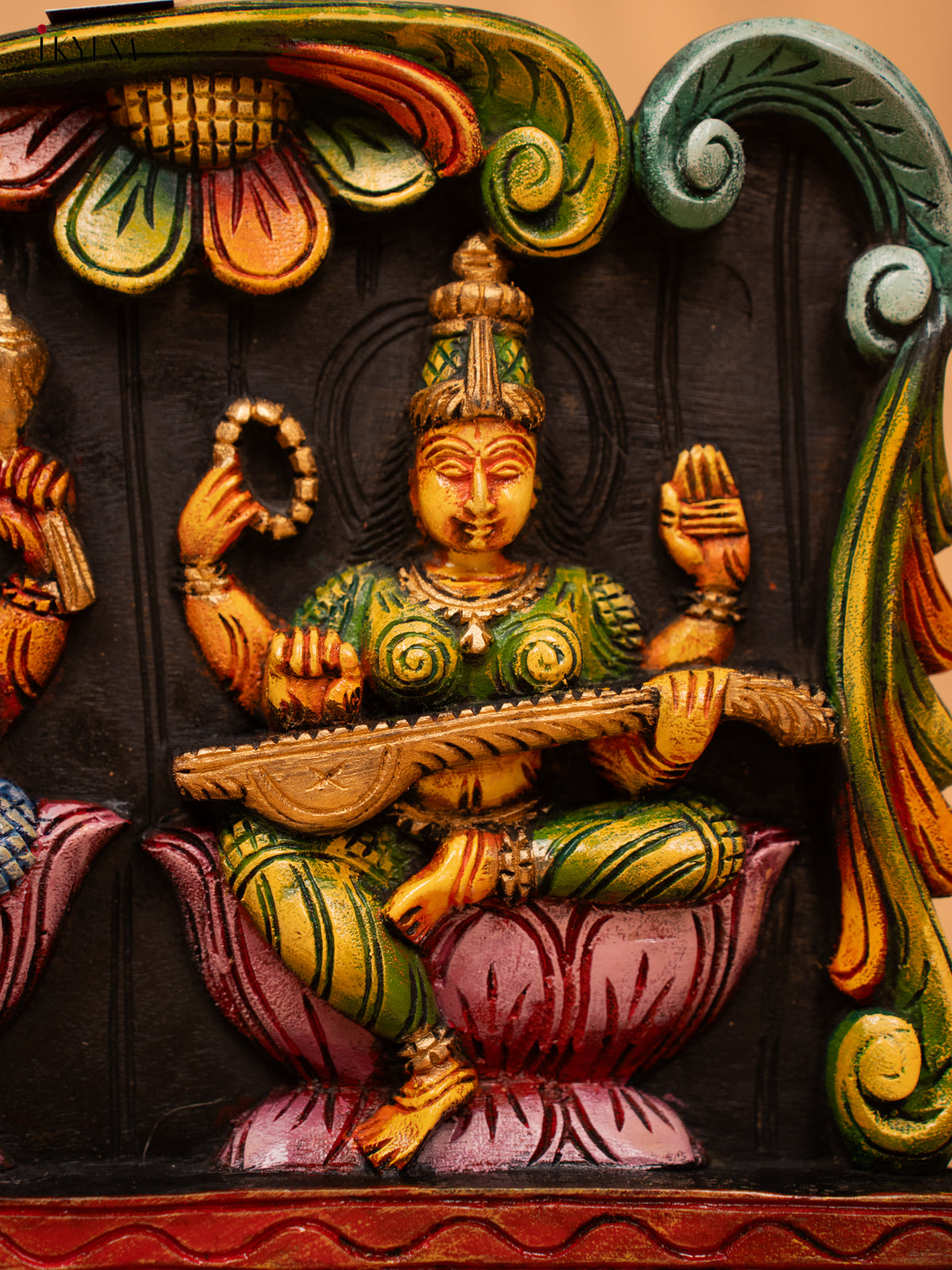 Wooden Hand Carved Painted Ganesha, Lakshmi, Saraswathy Panel - KD18122