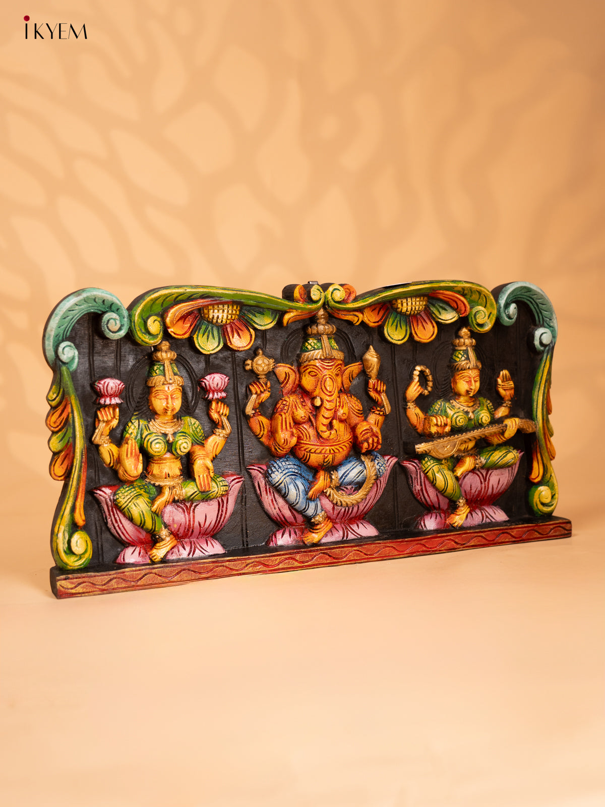 Wooden Hand Carved Painted Ganesha, Lakshmi, Saraswathy Panel - KD18122
