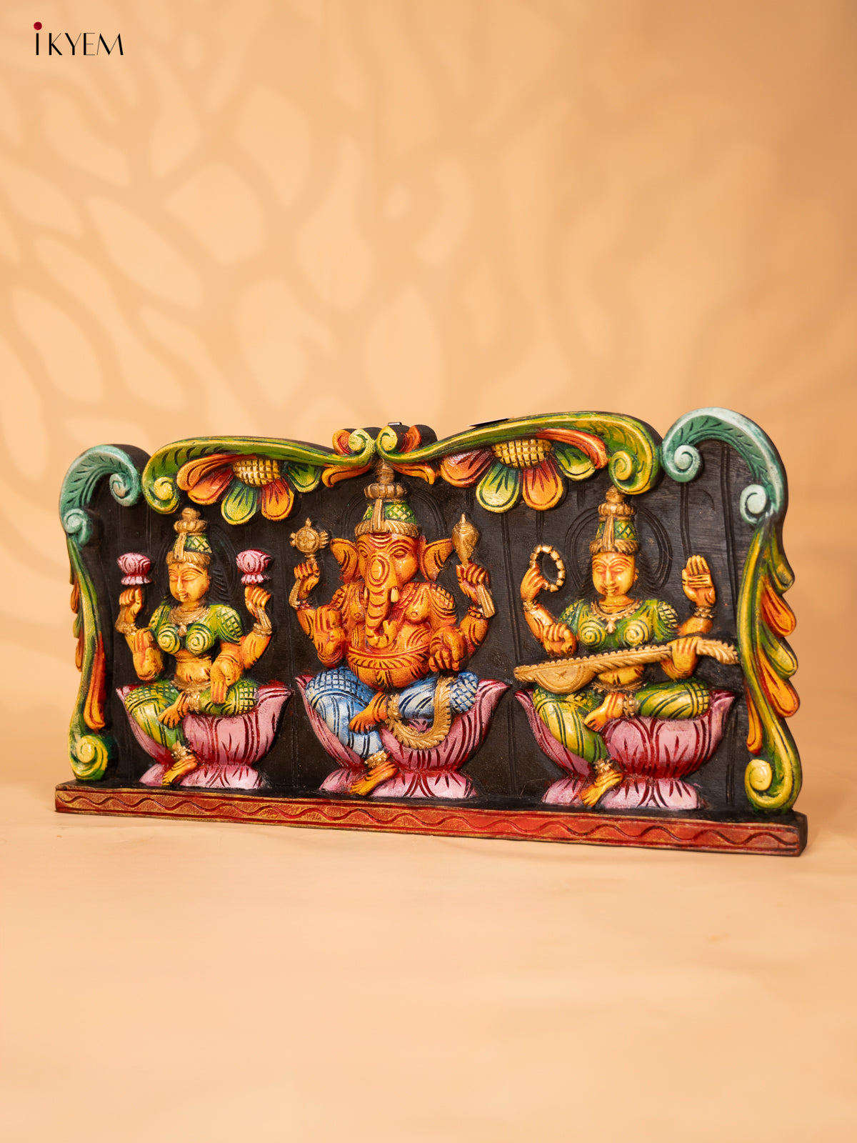 Wooden Hand Carved Painted Ganesha, Lakshmi, Saraswathy Panel - KD18122