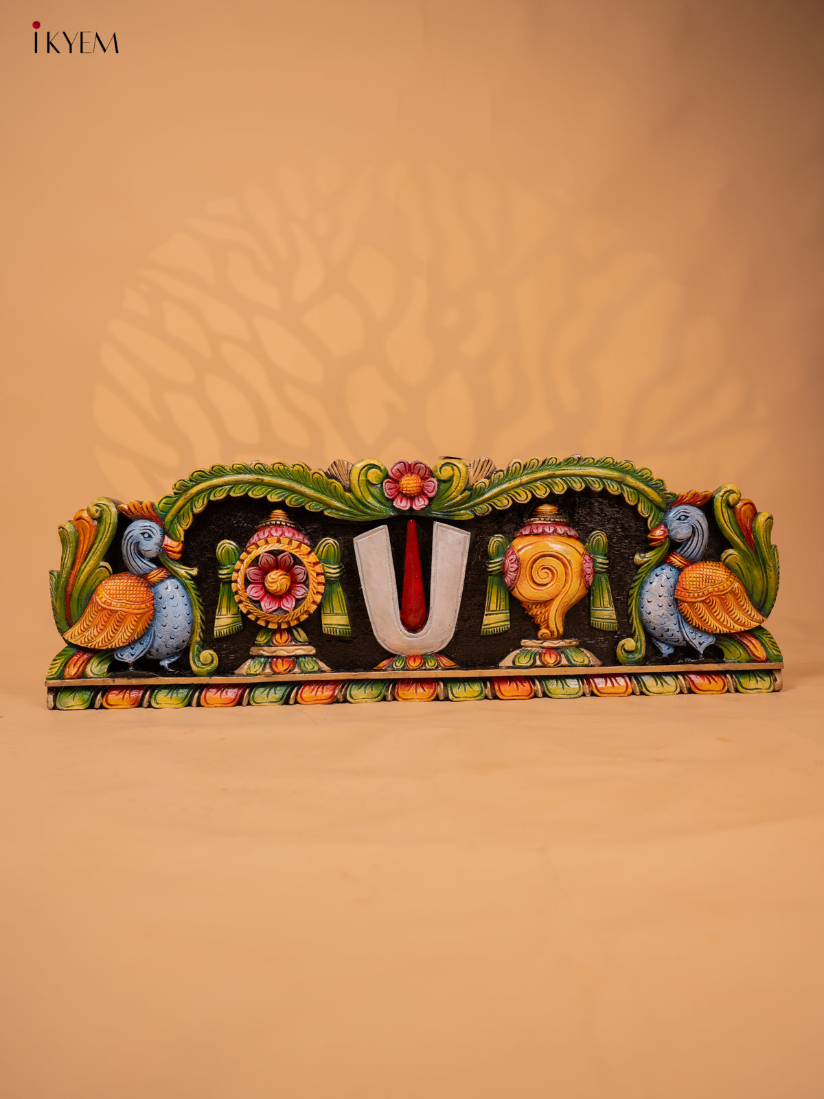 Wooden Hand Carved Painted Sangu Chakram Namam Panel - KD18125