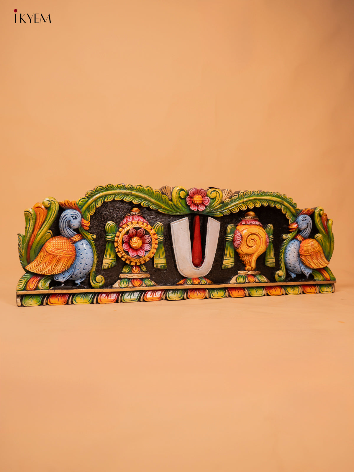 Wooden Hand Carved Painted Sangu Chakram Namam Panel - KD18125