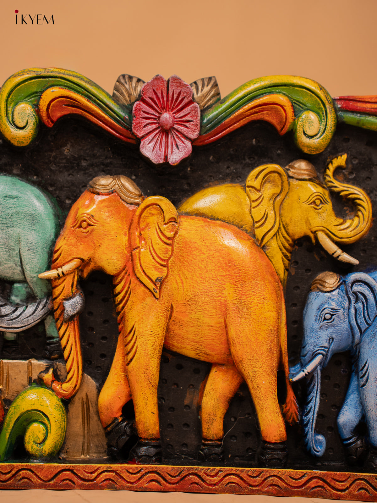 Wooden Hand Carved Painted Elephant Panel - KD18126