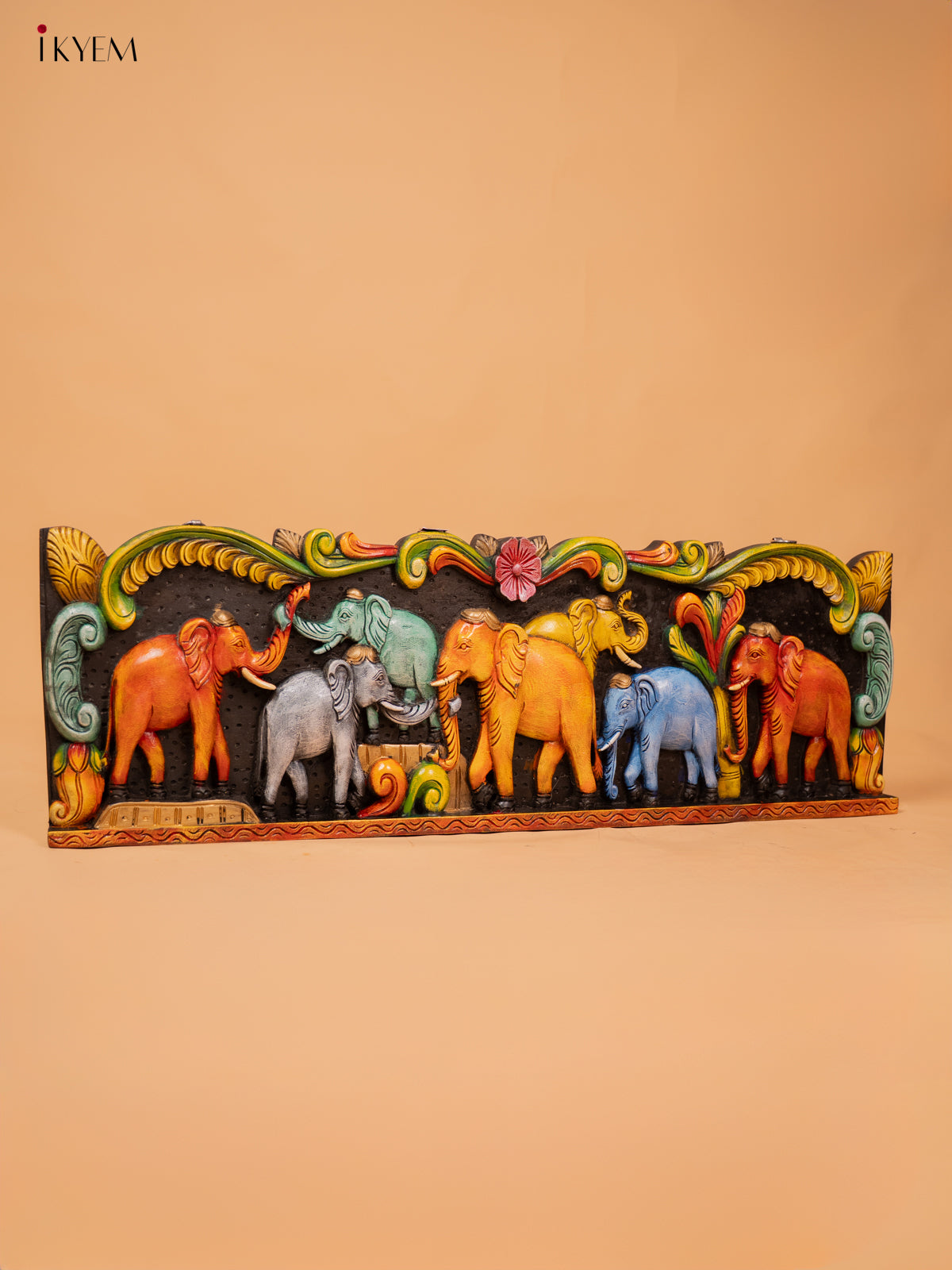 Wooden Hand Carved Painted Elephant Panel - KD18126