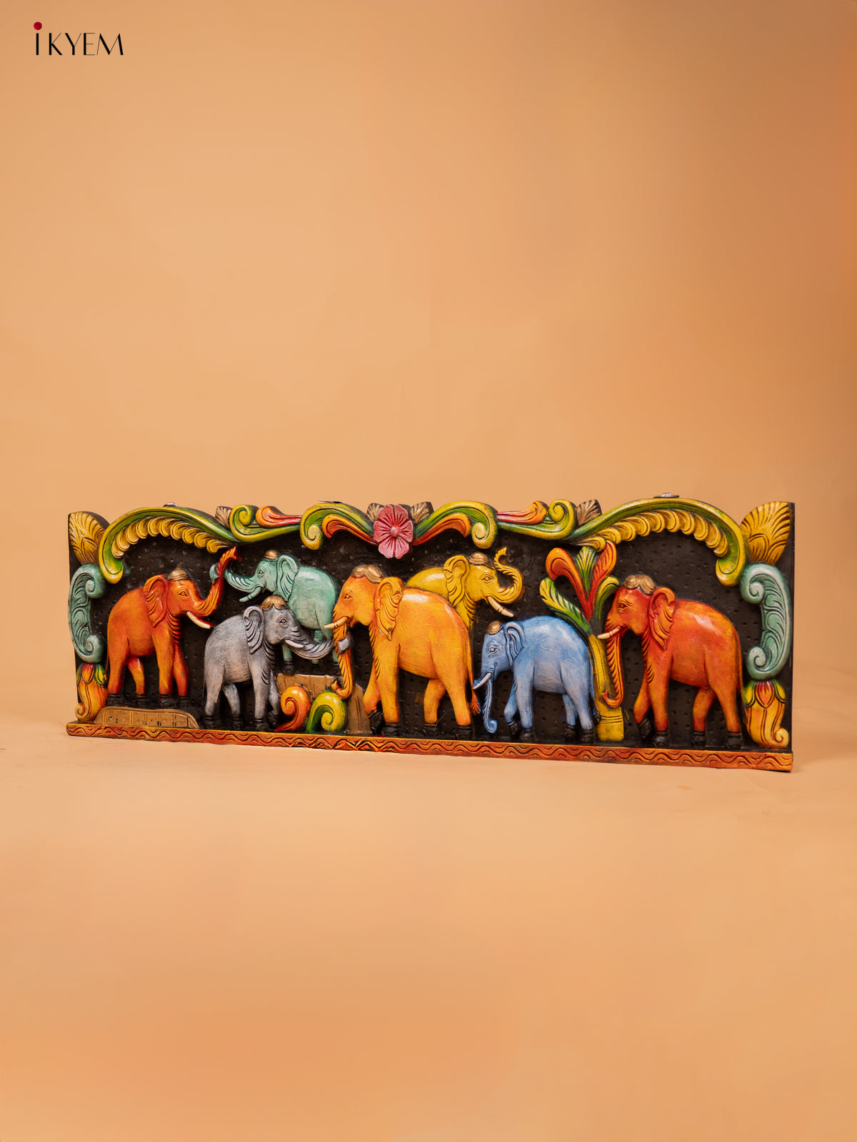 Wooden Hand Carved Painted Elephant Panel - KD18126