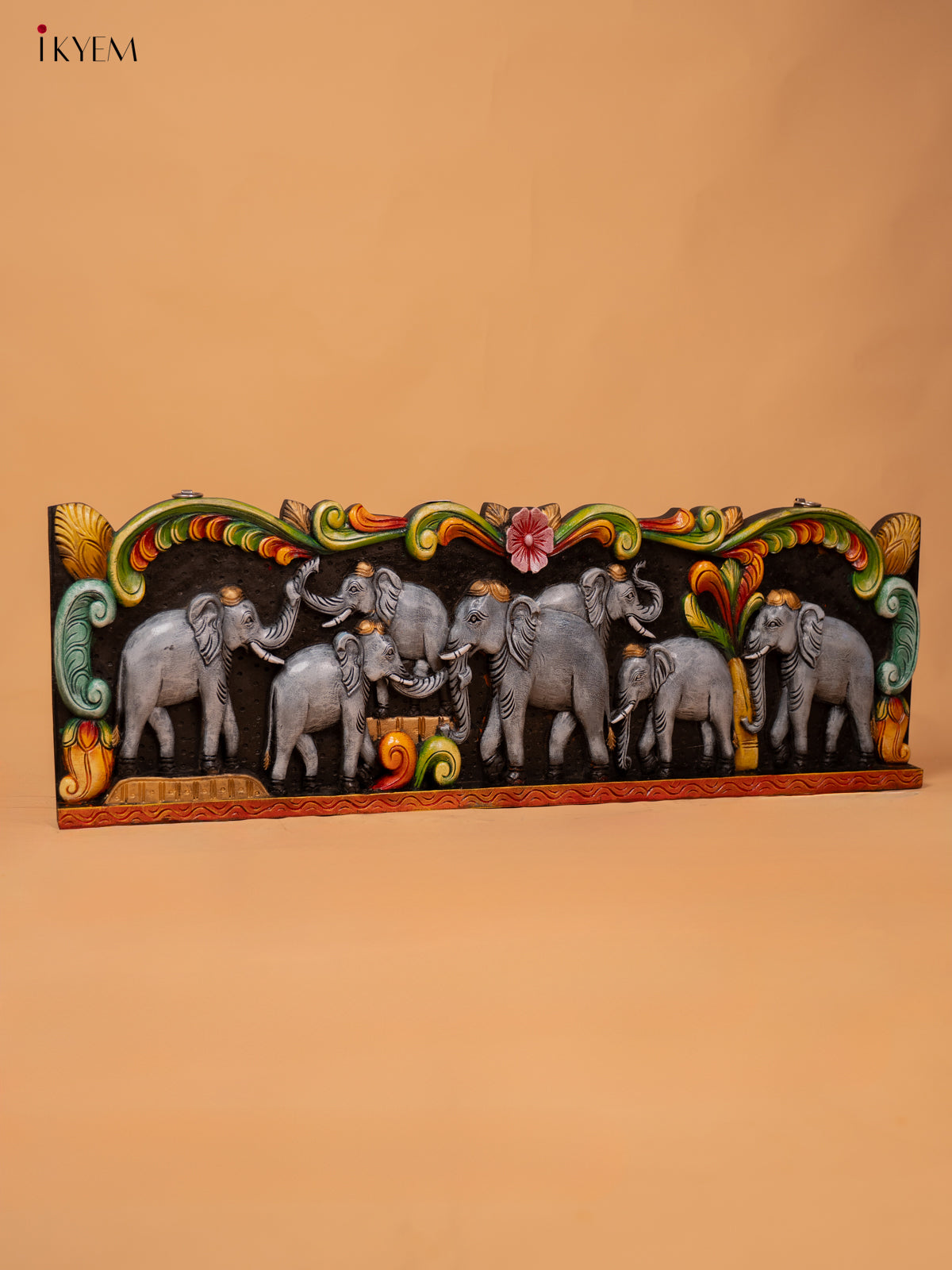 Wooden Hand Carved Painted Elephant Panel - KD18127
