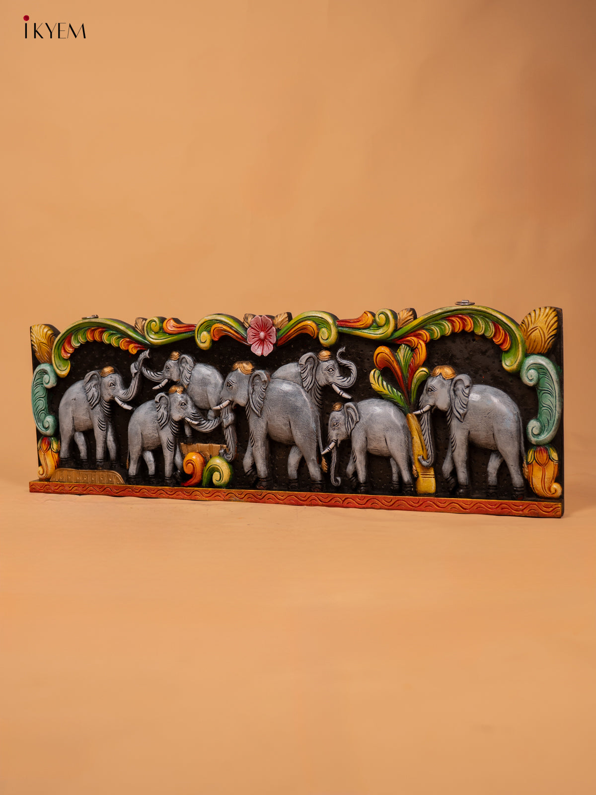 Wooden Hand Carved Painted Elephant Panel - KD18127