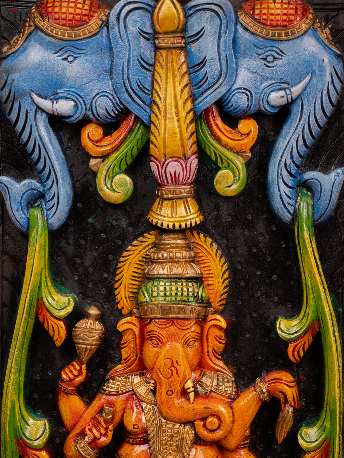 Wooden Hand Carved Painted Ganesha with Elephant Panel - 36 Inch - KD18128