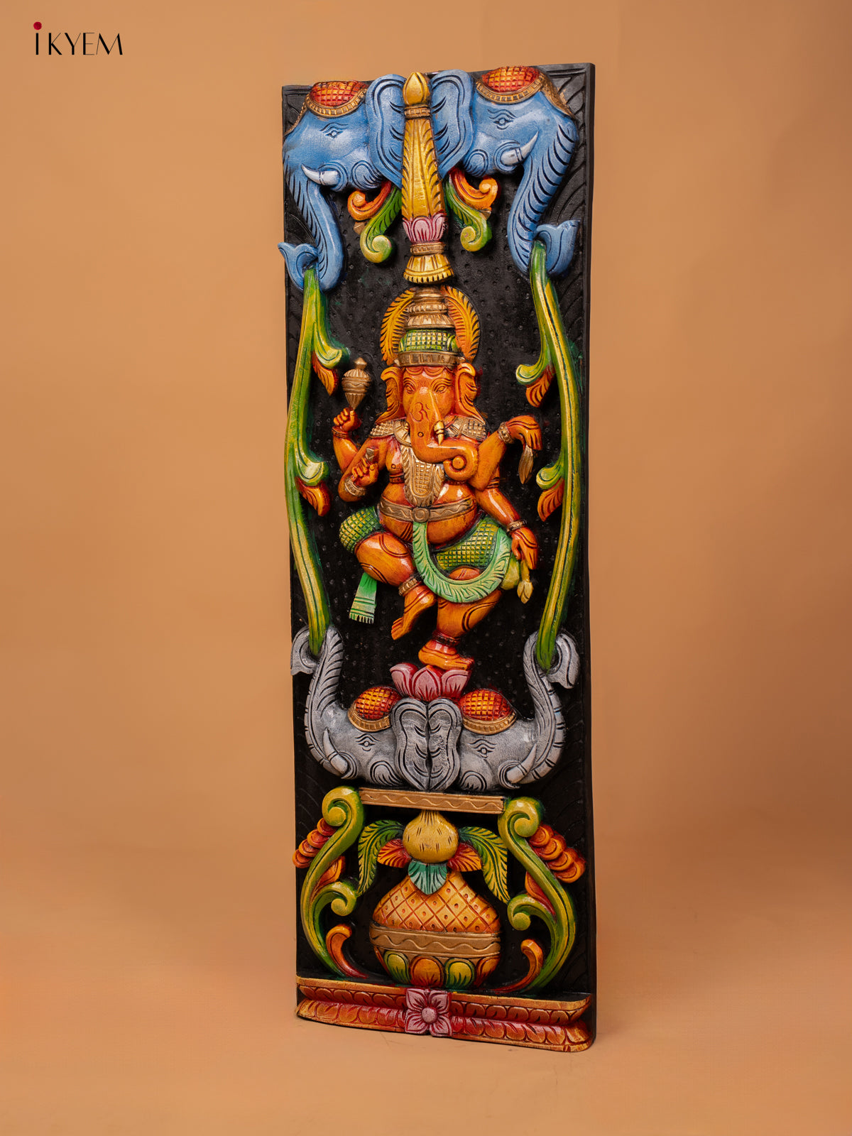 Wooden Hand Carved Painted Ganesha with Elephant Panel - 36 Inch - KD18128