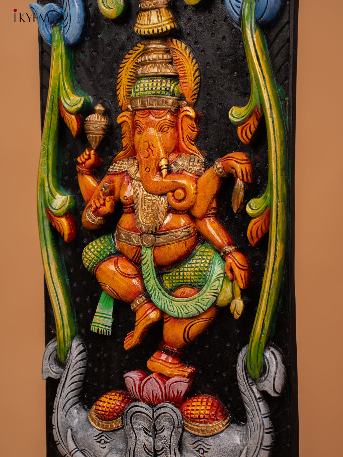 Wooden Hand Carved Painted Ganesha with Elephant Panel - 36 Inch - KD18128