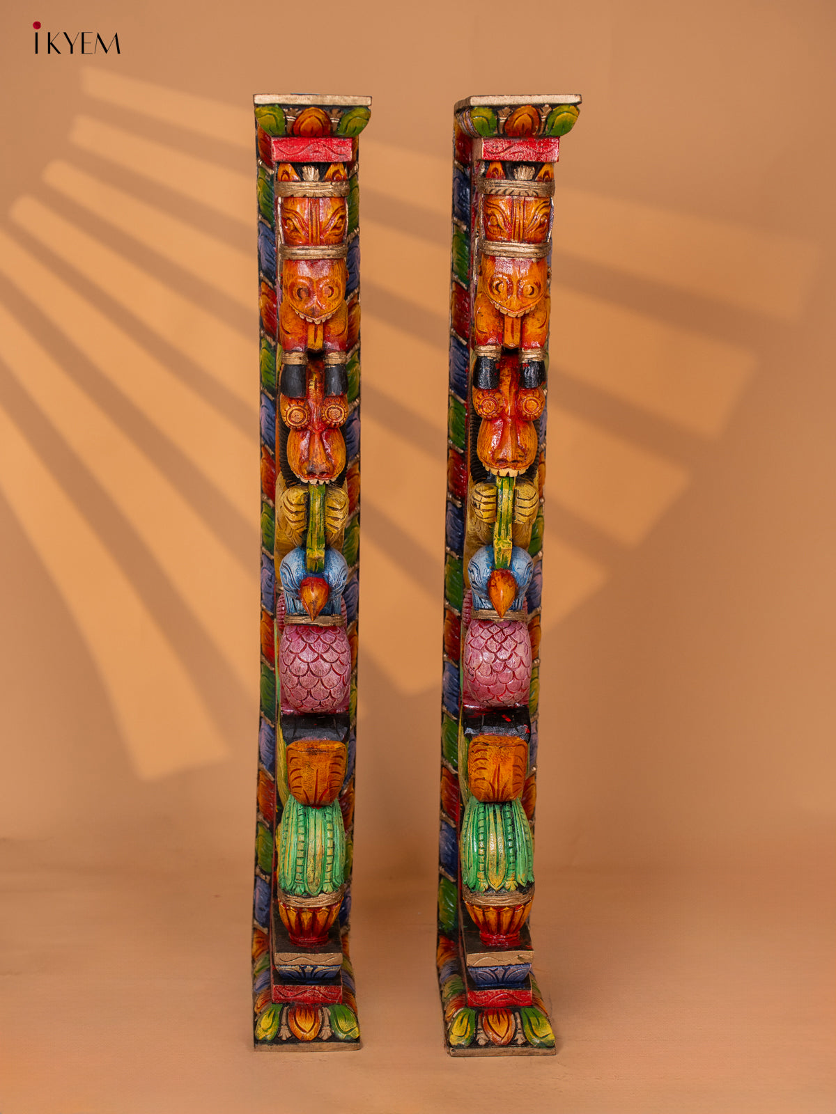 Wooden Hand Carved Painted Wall Bracket Horse, Yali with Peacock - Set of 2 - KD18129