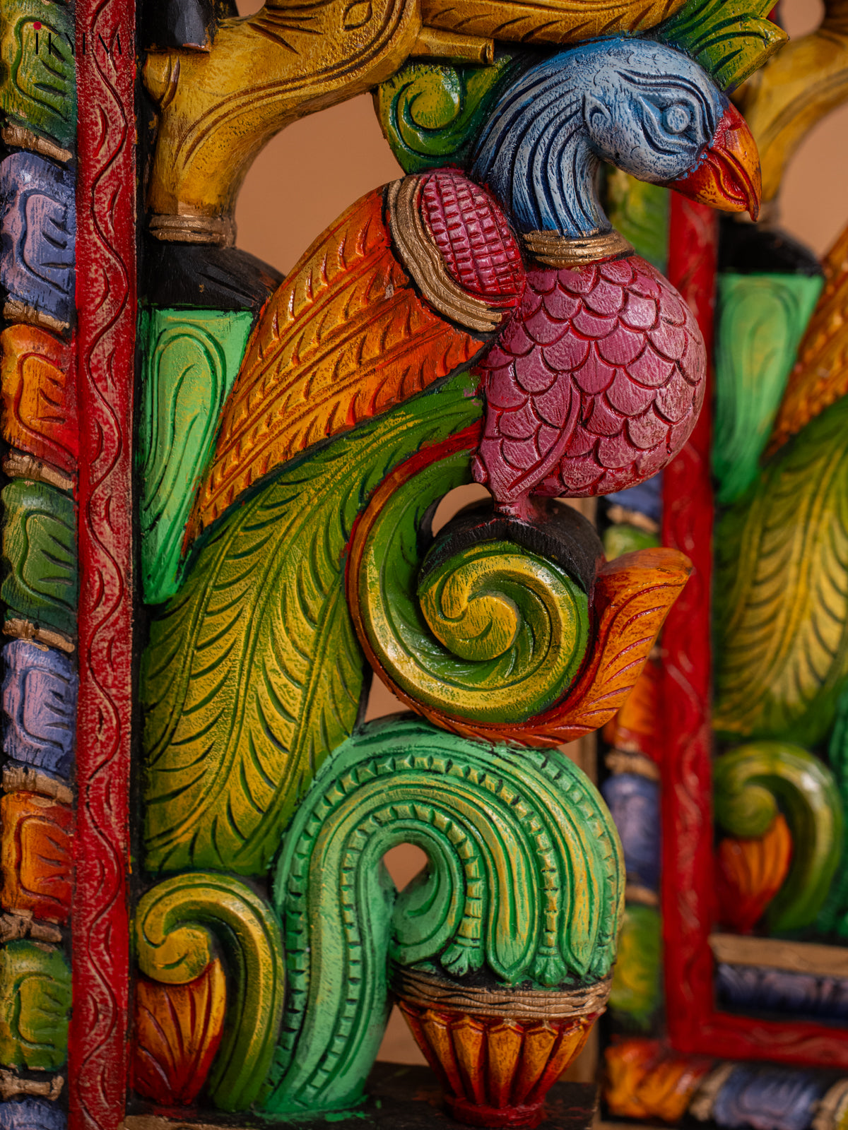 Wooden Hand Carved Painted Wall Bracket Horse, Yali with Peacock - Set of 2 - KD18129
