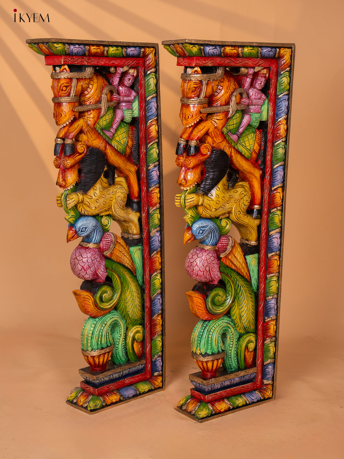 Wooden Hand Carved Painted Wall Bracket Horse, Yali with Peacock - Set of 2 - KD18129