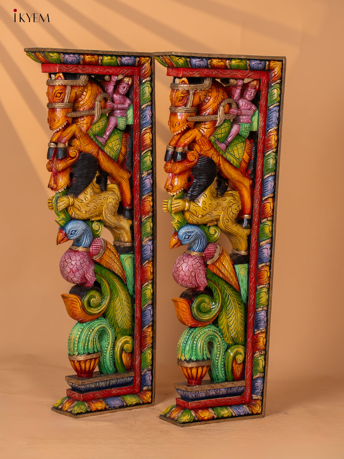 Wooden Hand Carved Painted Wall Bracket Horse, Yali with Peacock - Set of 2 - KD18129