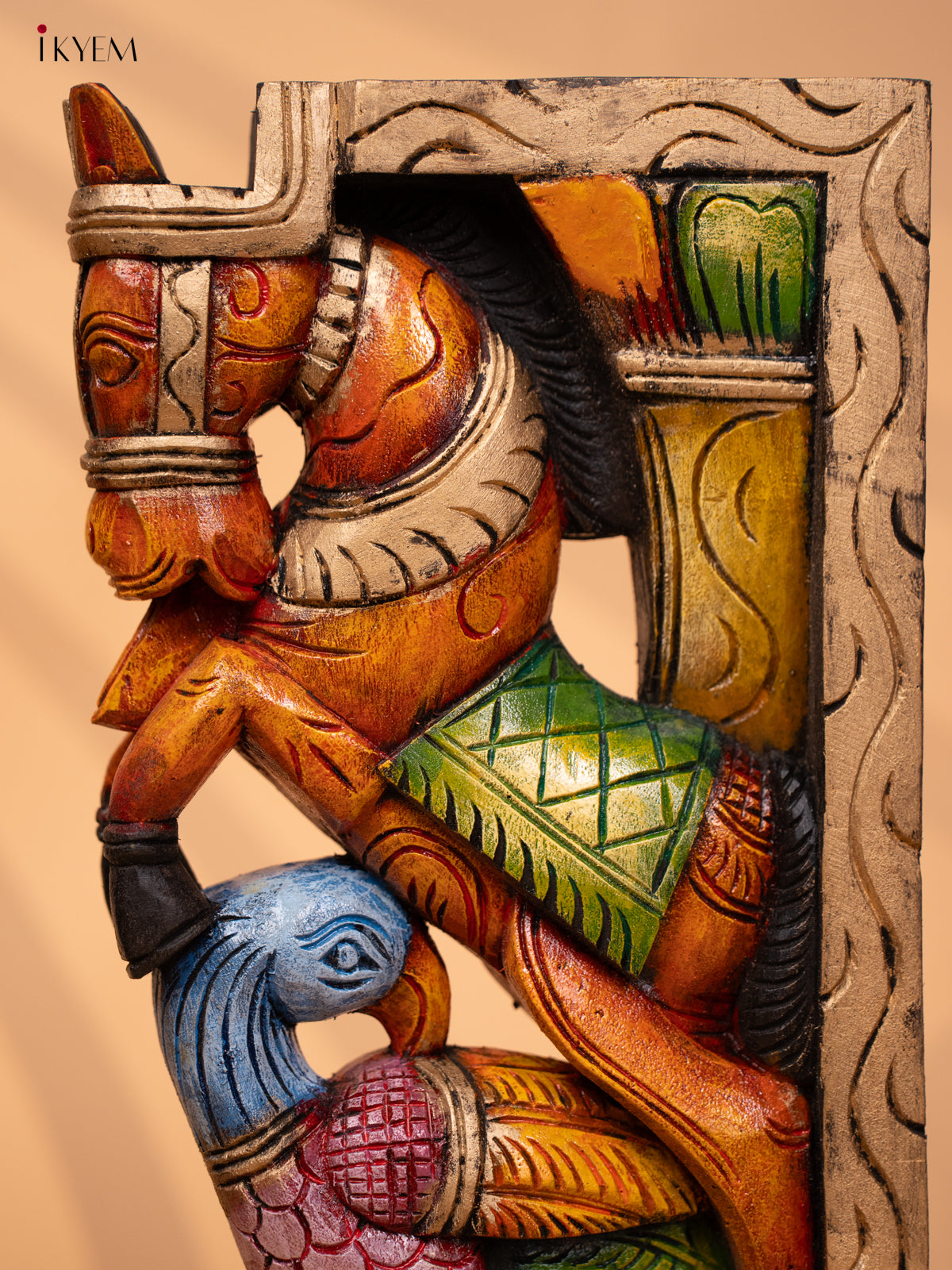 Wooden Hand Carved Painted Wall Bracket - Set of 2 -Horse & Parrot - KD18130