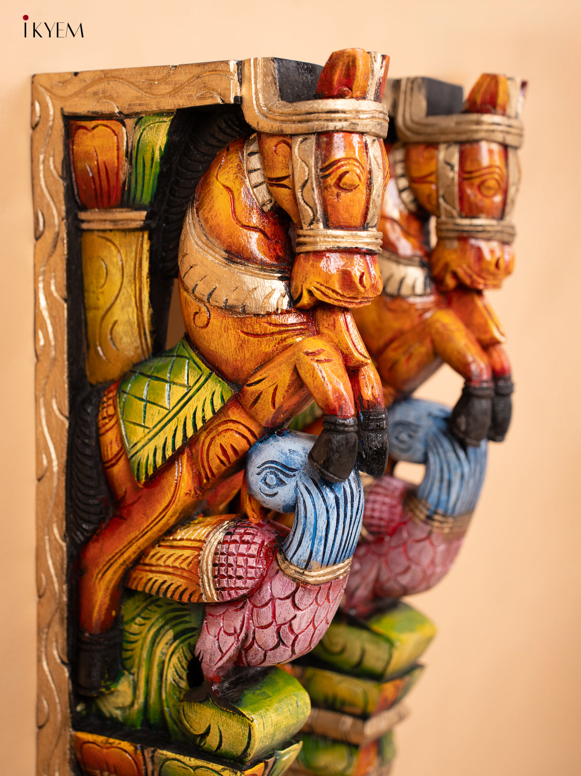 Wooden Hand Carved Painted Wall Bracket - Set of 2 -Horse & Parrot - KD18130