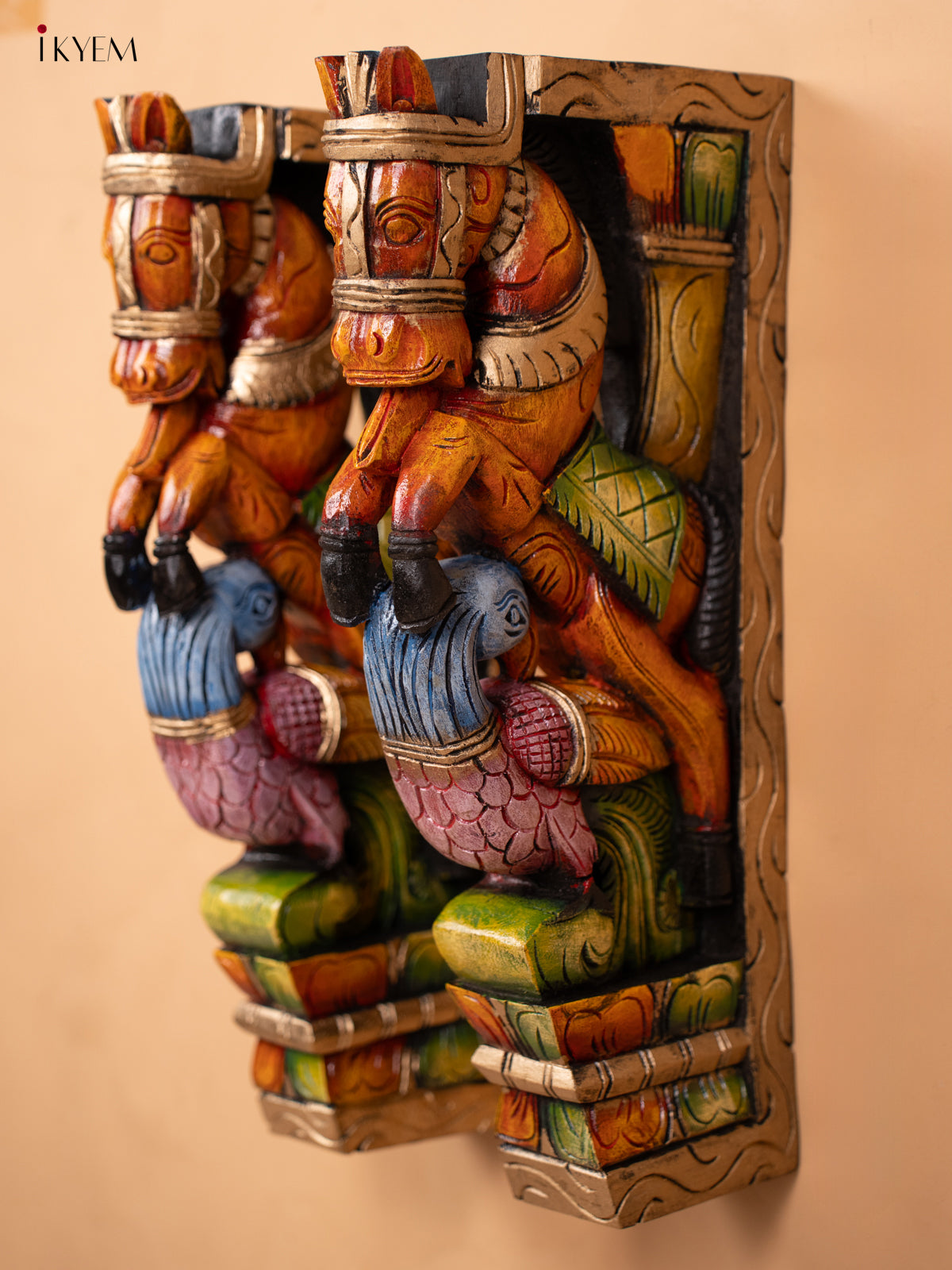 Wooden Hand Carved Painted Wall Bracket - Set of 2 -Horse & Parrot - KD18130