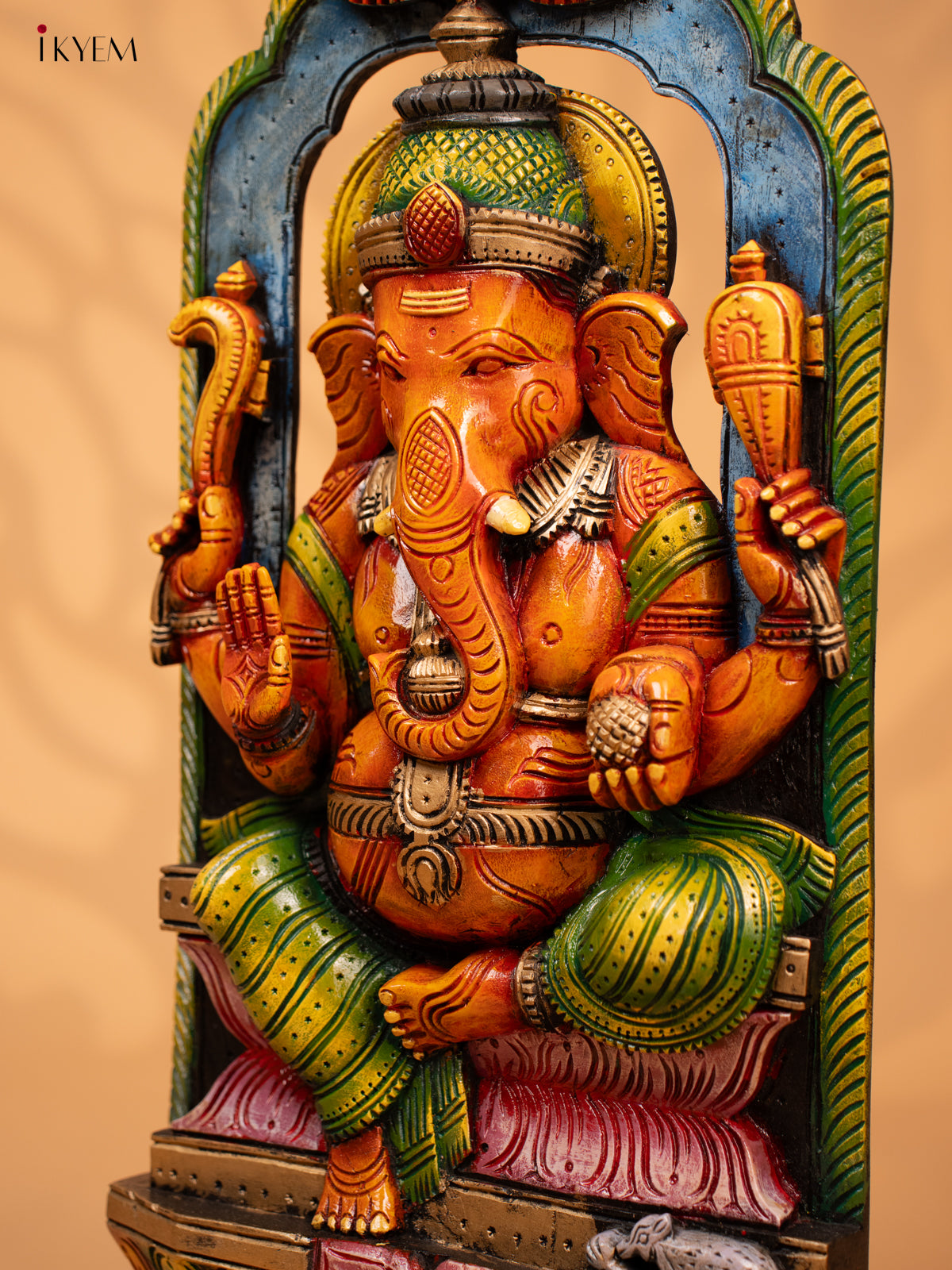 Wooden Hand Carved Painted Ganesha Panel - 28 Inch - KD18135