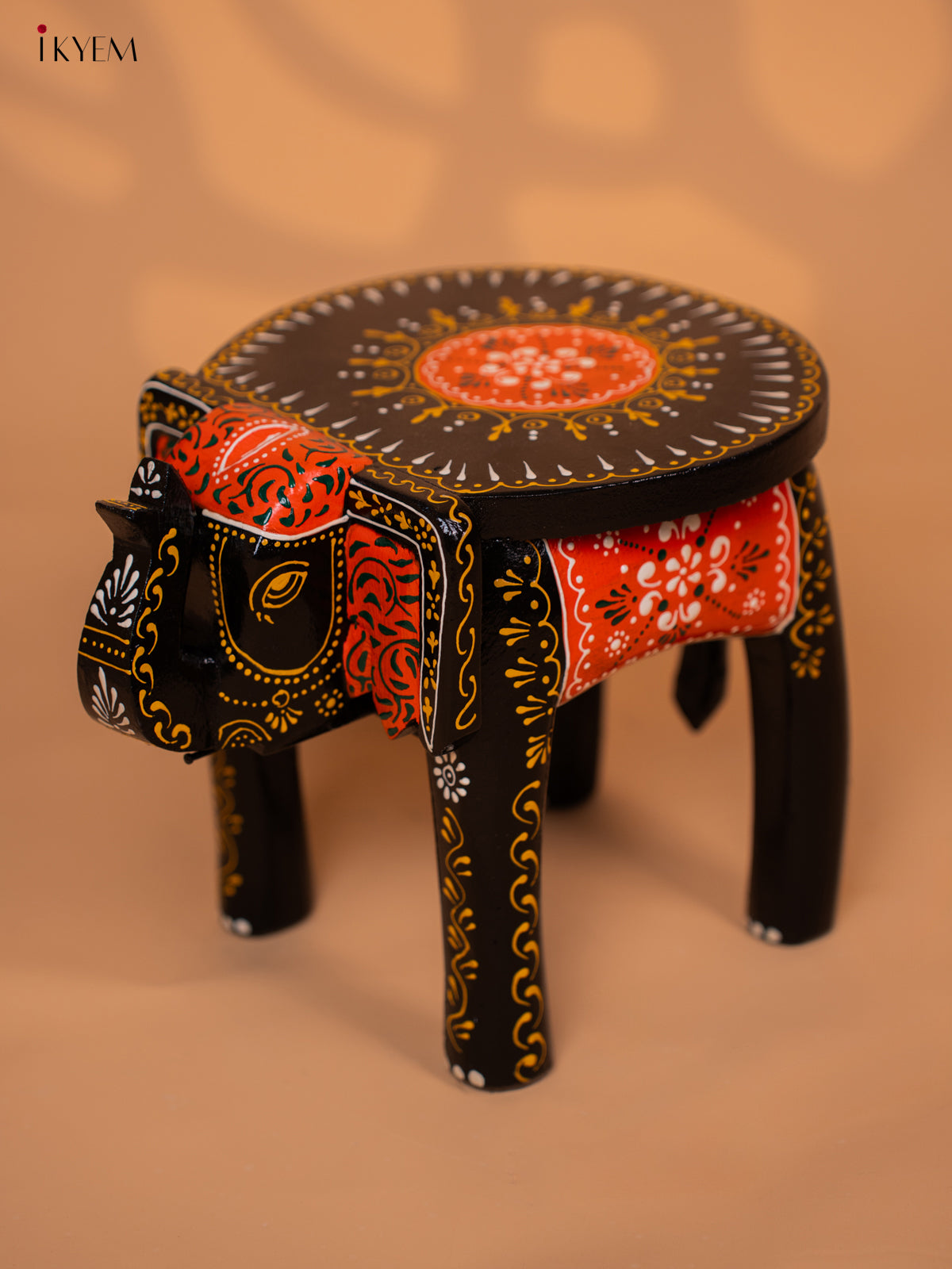 Wooden Hand painted Elephant Stool - Black with Orange - 8 Inch -KD18159